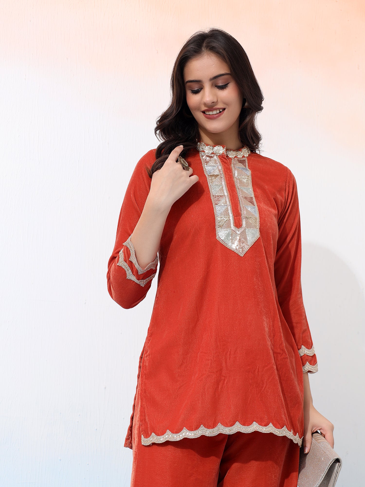 Vibrant Velvet Rust Two-Piece Outfit with Golden Embellishments Co-Ord Set