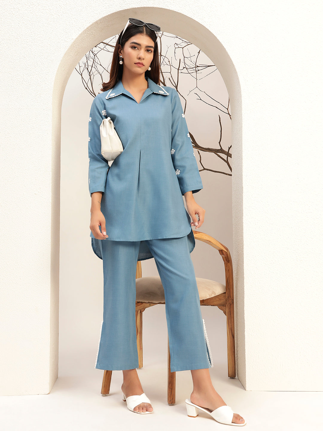 Blue Color with Collar Neck Caual Tunic with Trouser Co-Ords Set
