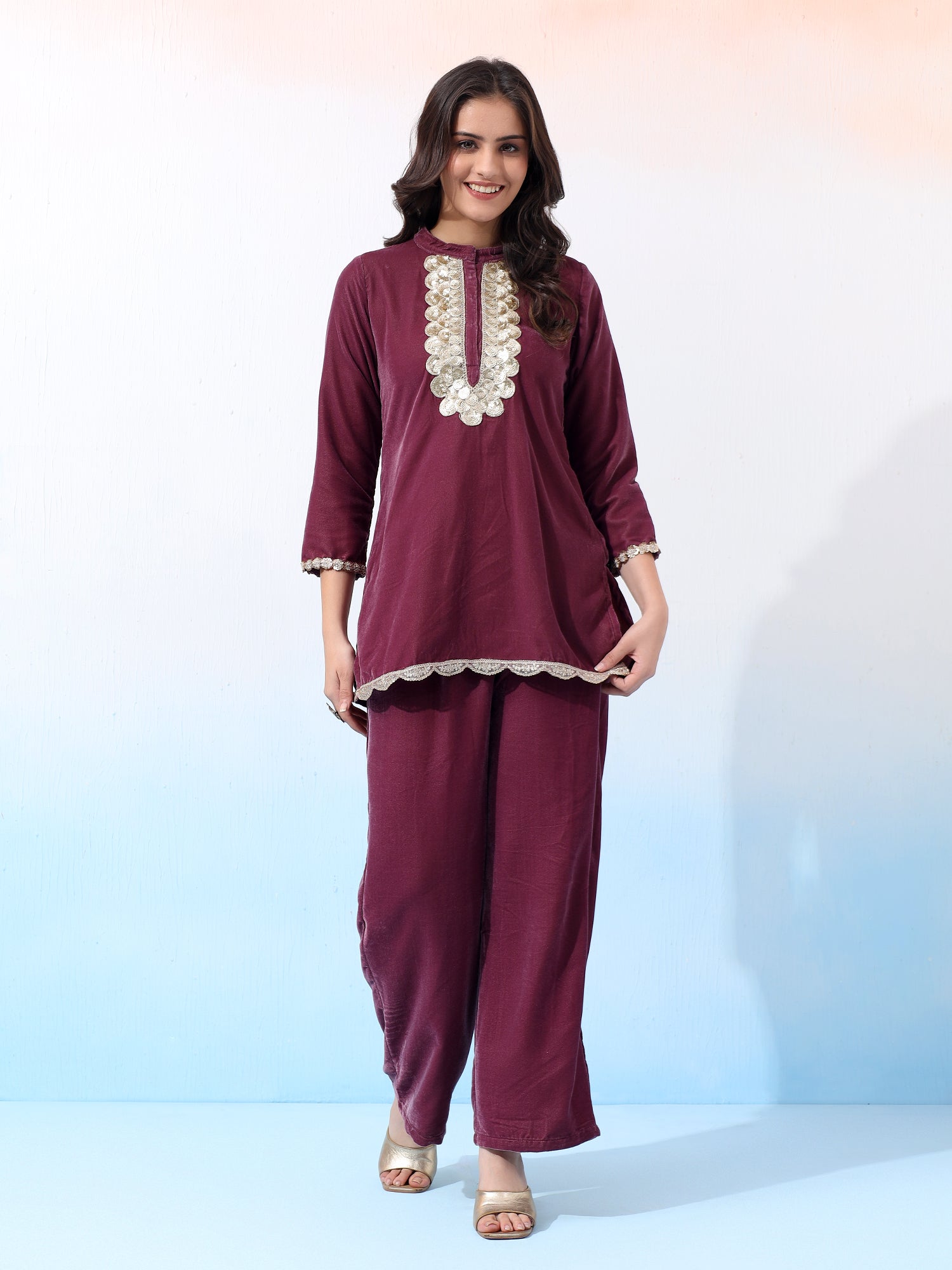 Wine Velvet Two-Piece Outfit with Golden Embroidered Details Co-Ord Set