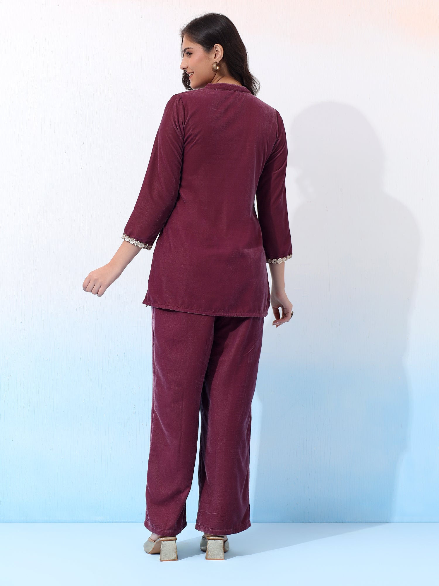 Wine Velvet Two-Piece Outfit with Golden Embroidered Details Co-Ord Set