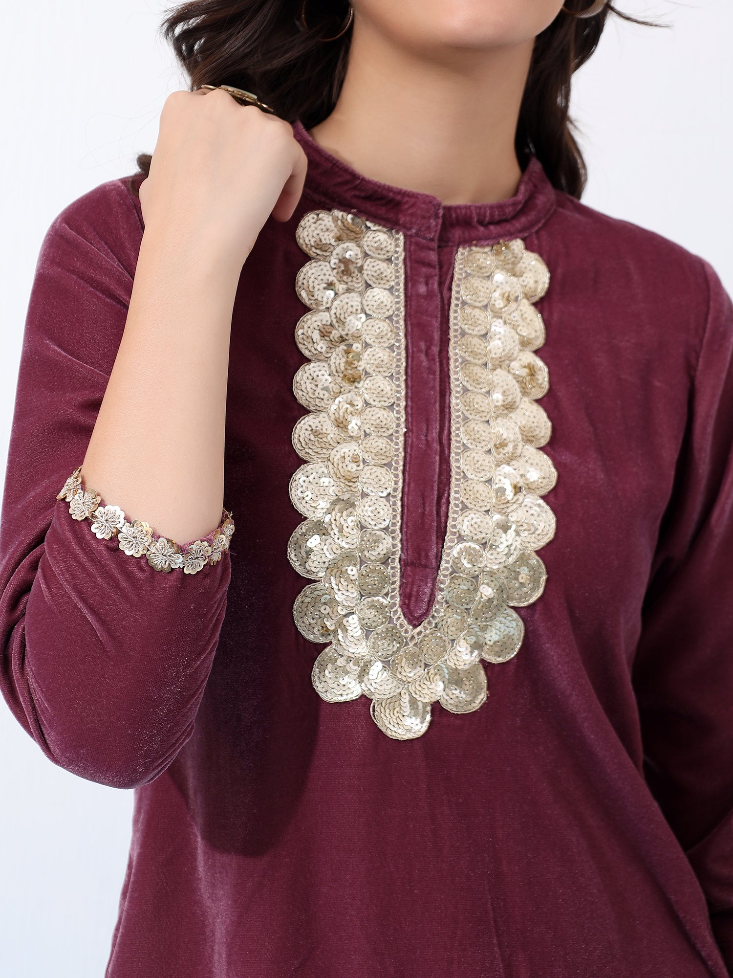 Wine Velvet Two-Piece Outfit with Golden Embroidered Details Co-Ord Set