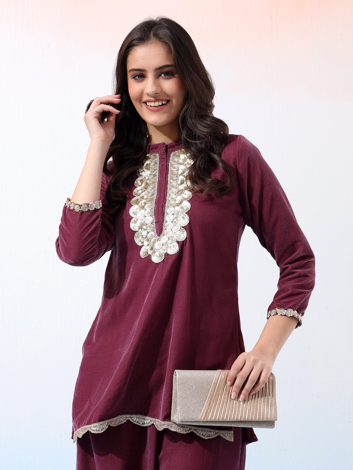 Wine Velvet Two-Piece Outfit with Golden Embroidered Details Co-Ord Set