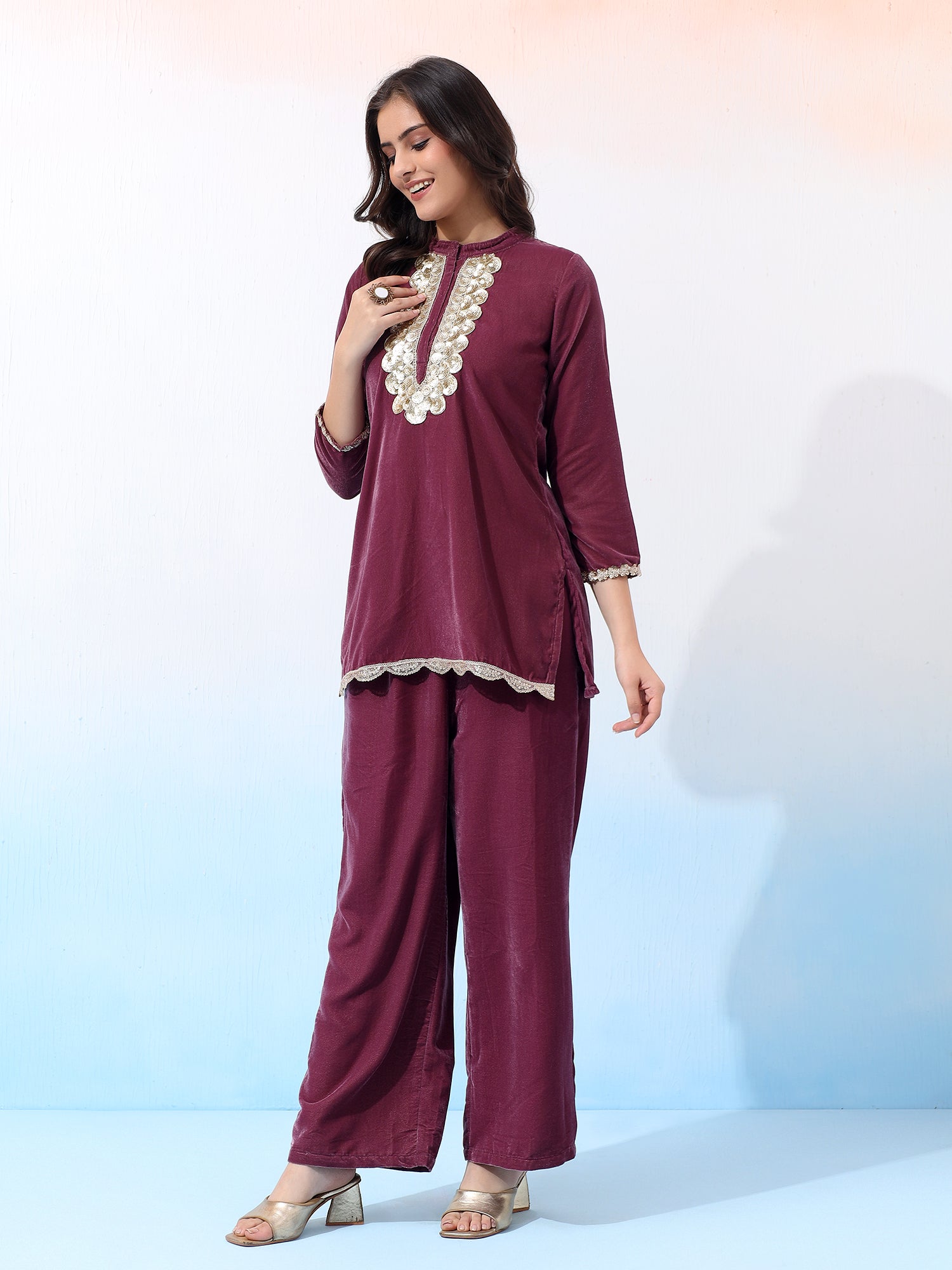 Wine Velvet Two-Piece Outfit with Golden Embroidered Details Co-Ord Set