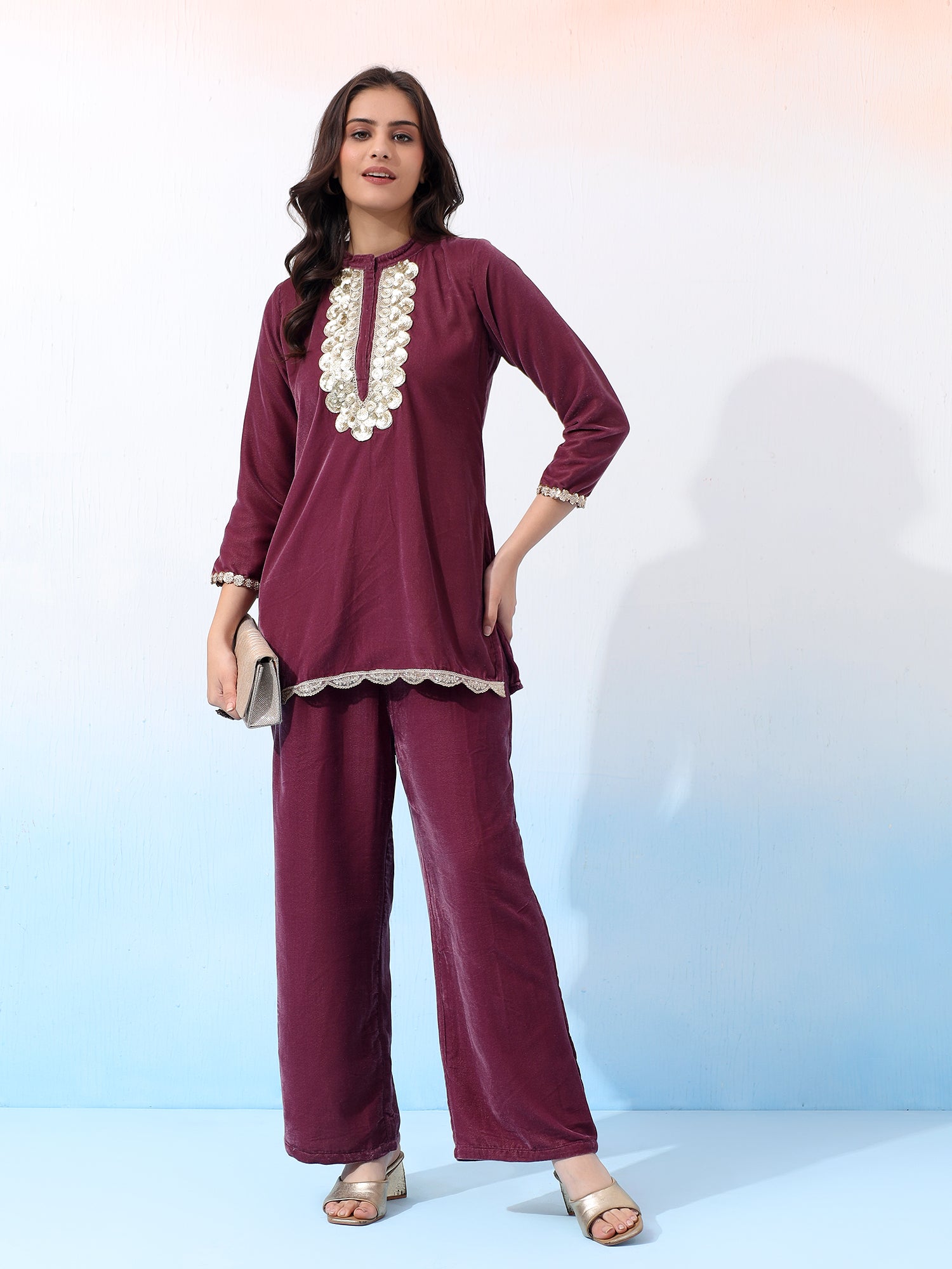 Wine Velvet Two-Piece Outfit with Golden Embroidered Details Co-Ord Set