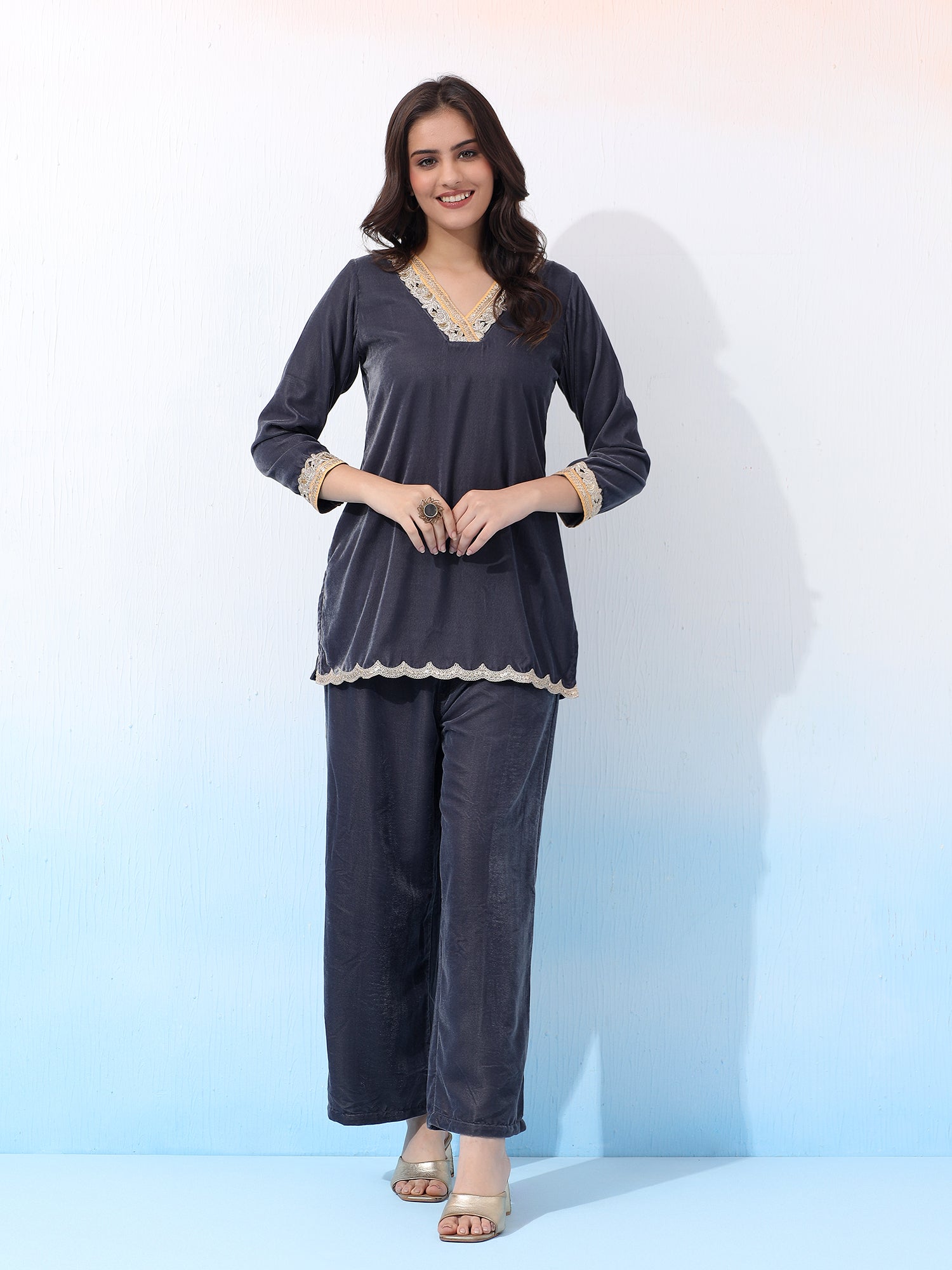 Velvet Co-Ord Set Two-Piece Outfit with Golden Lace