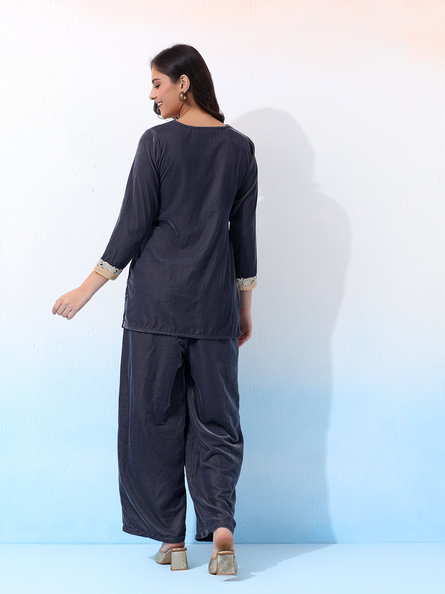 Velvet Co-Ord Set Two-Piece Outfit with Golden Lace