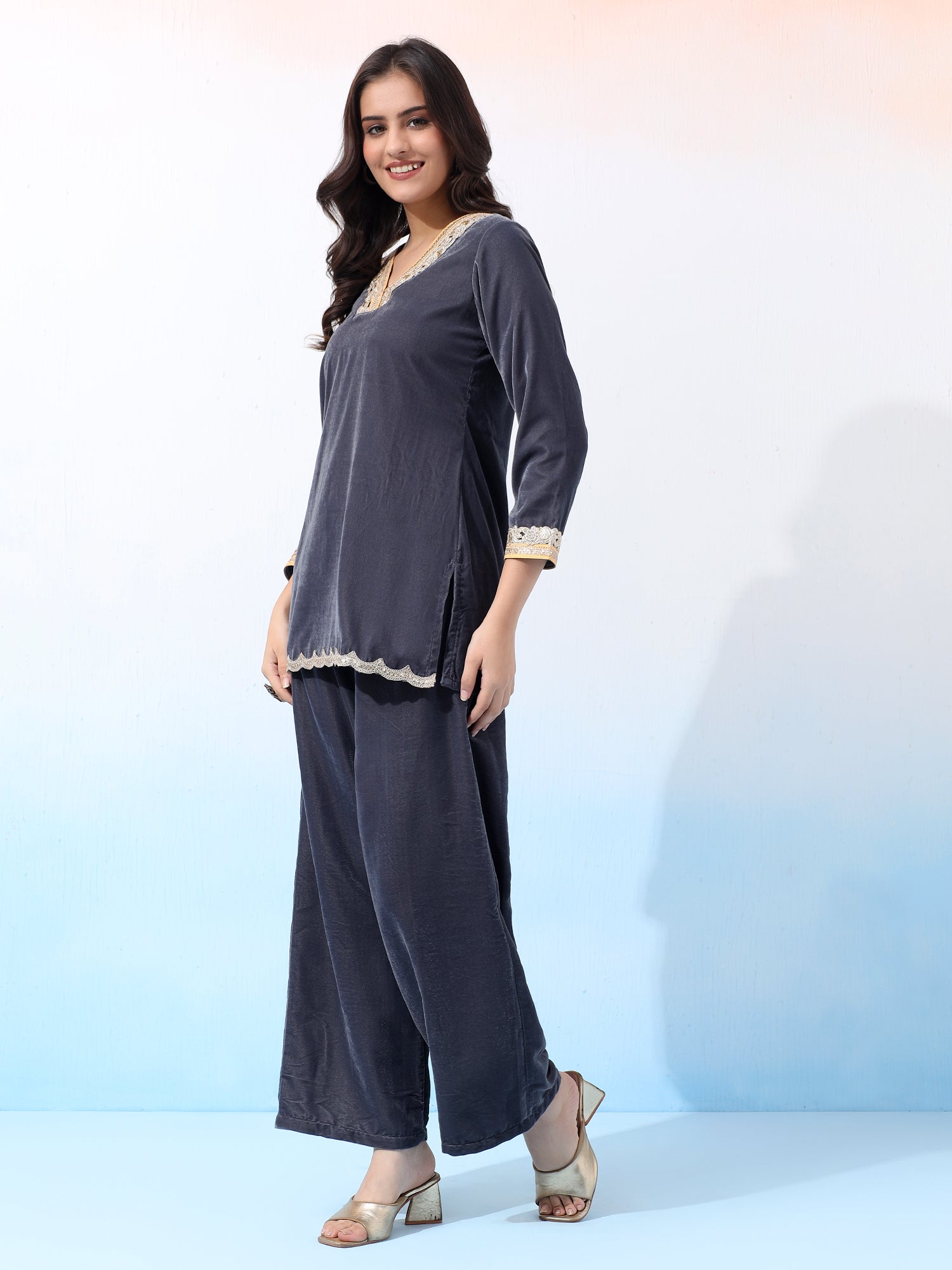 Velvet Co-Ord Set Two-Piece Outfit with Golden Lace