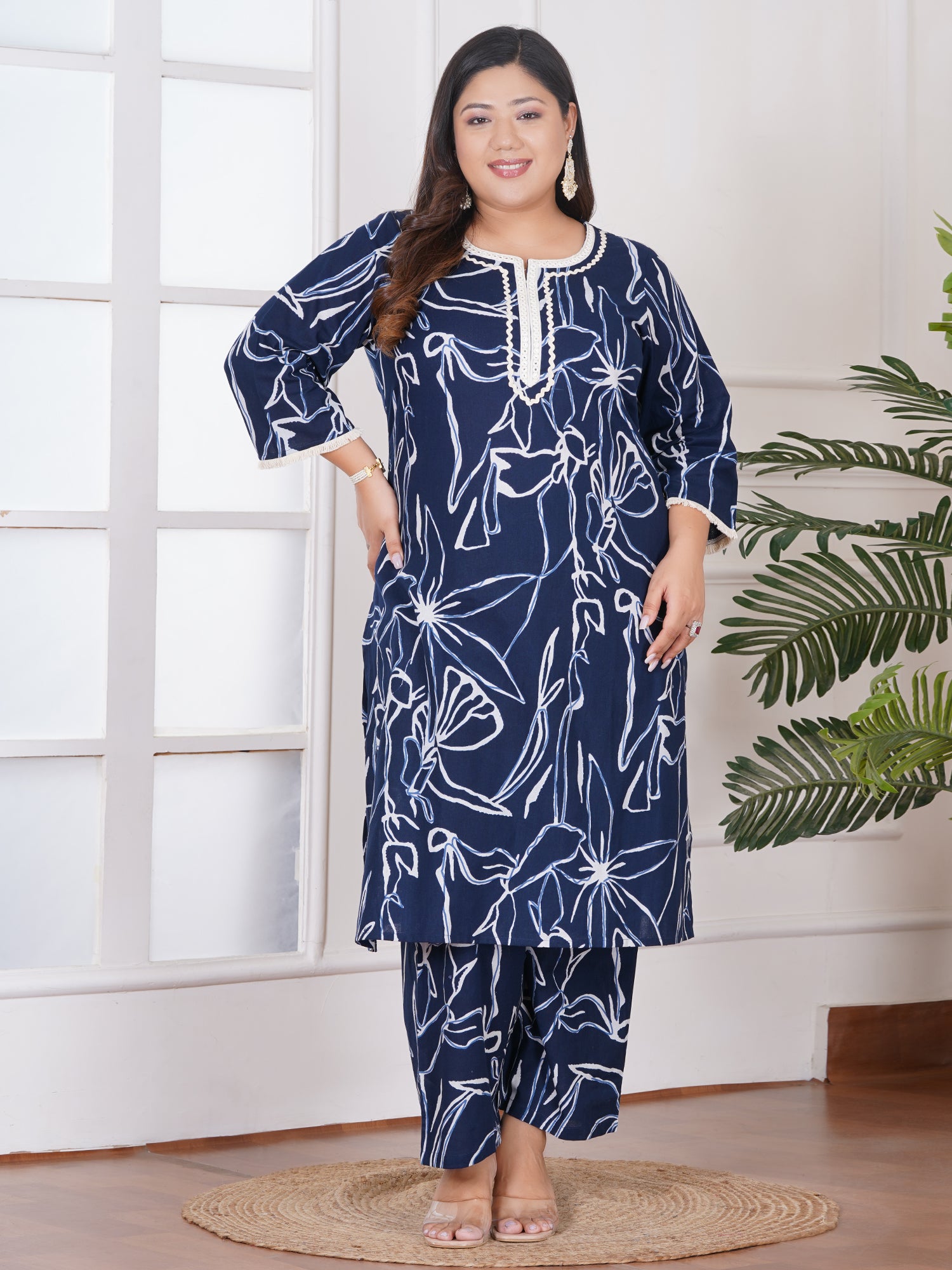 Plus Size Blue Abstract Printed Cotton Kurta & Pant Set with Lace Detailing