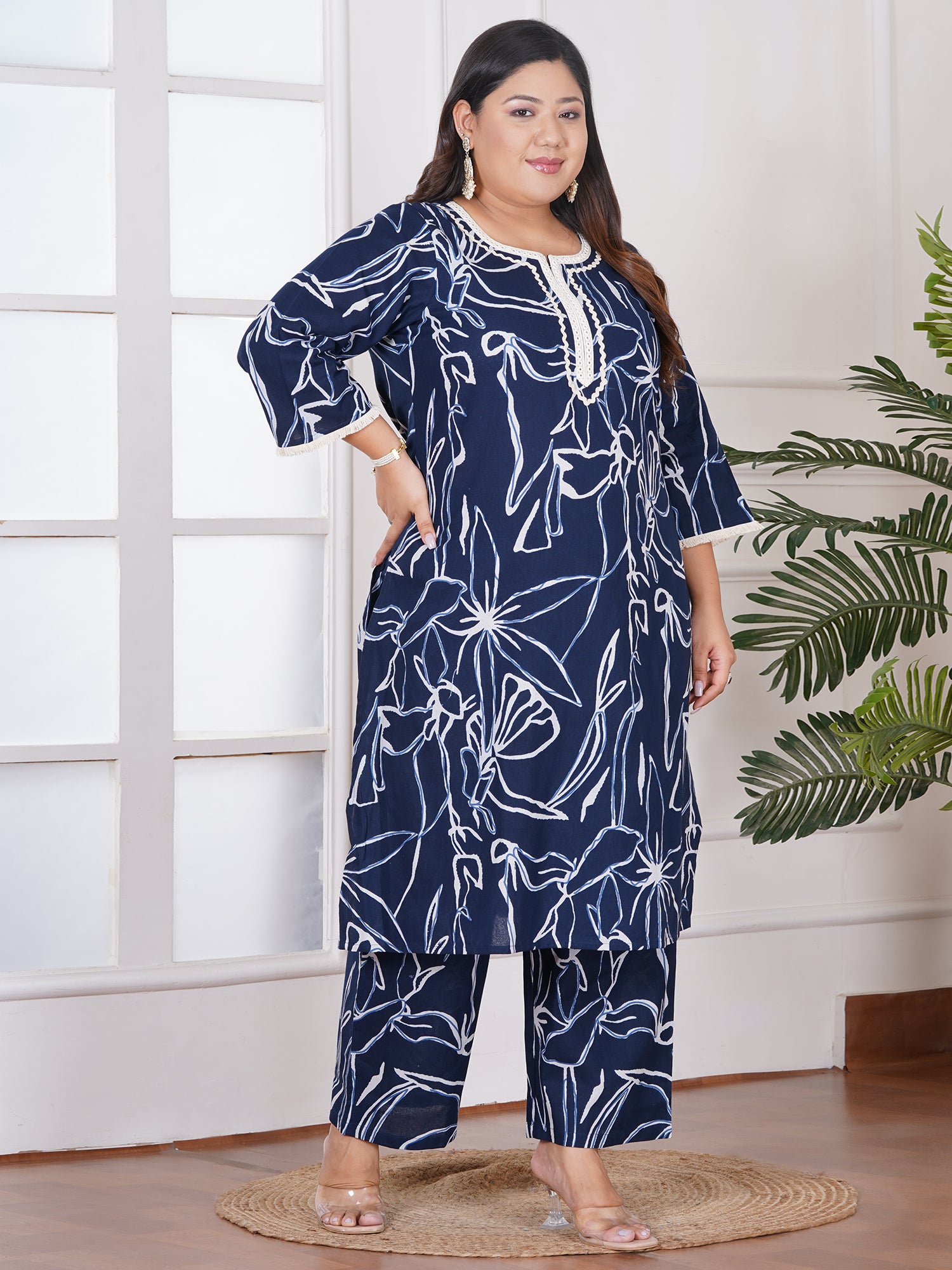 Plus Size Blue Abstract Printed Cotton Kurta & Pant Set with Lace Detailing