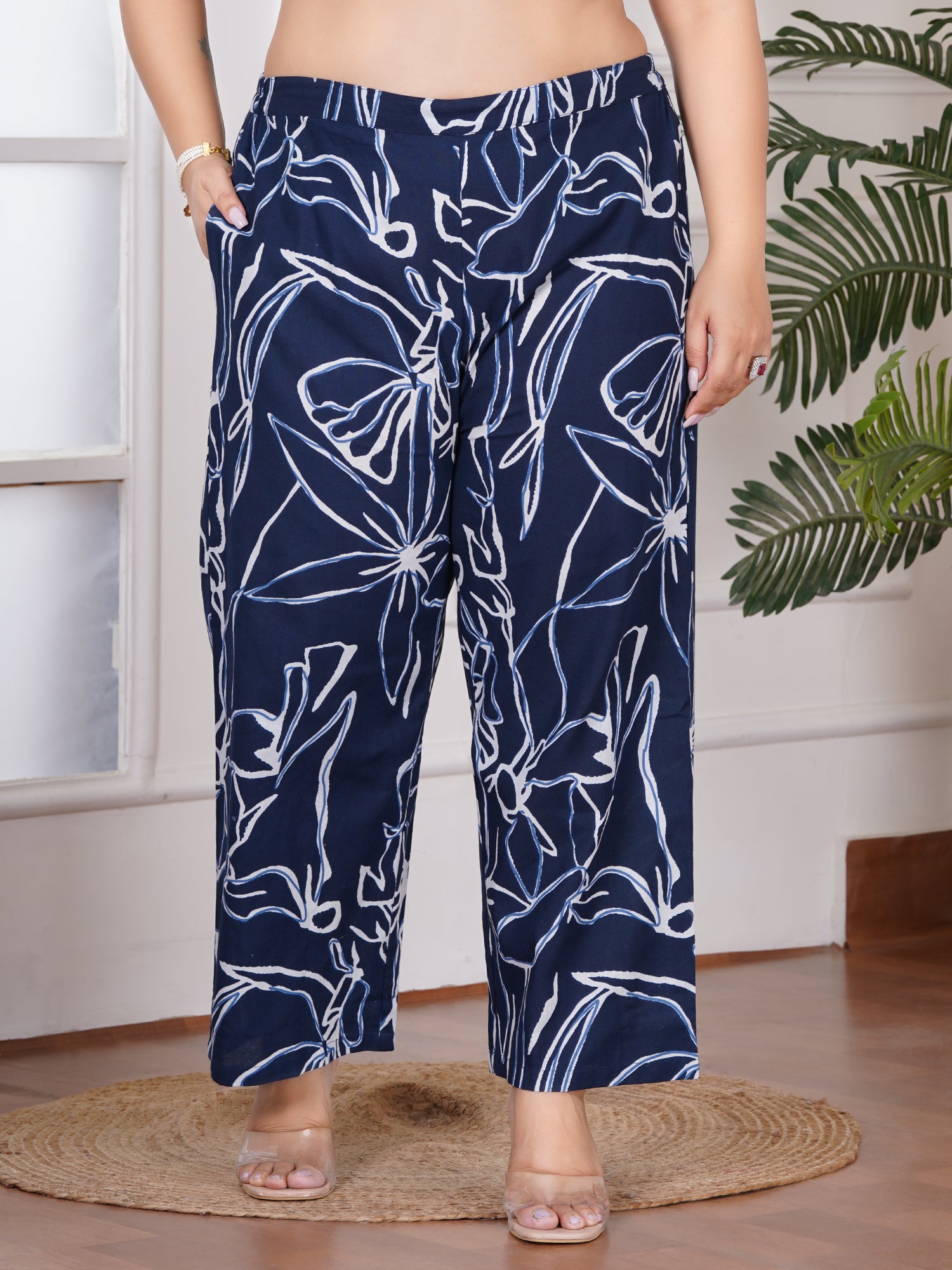 Plus Size Blue Abstract Printed Cotton Kurta & Pant Set with Lace Detailing