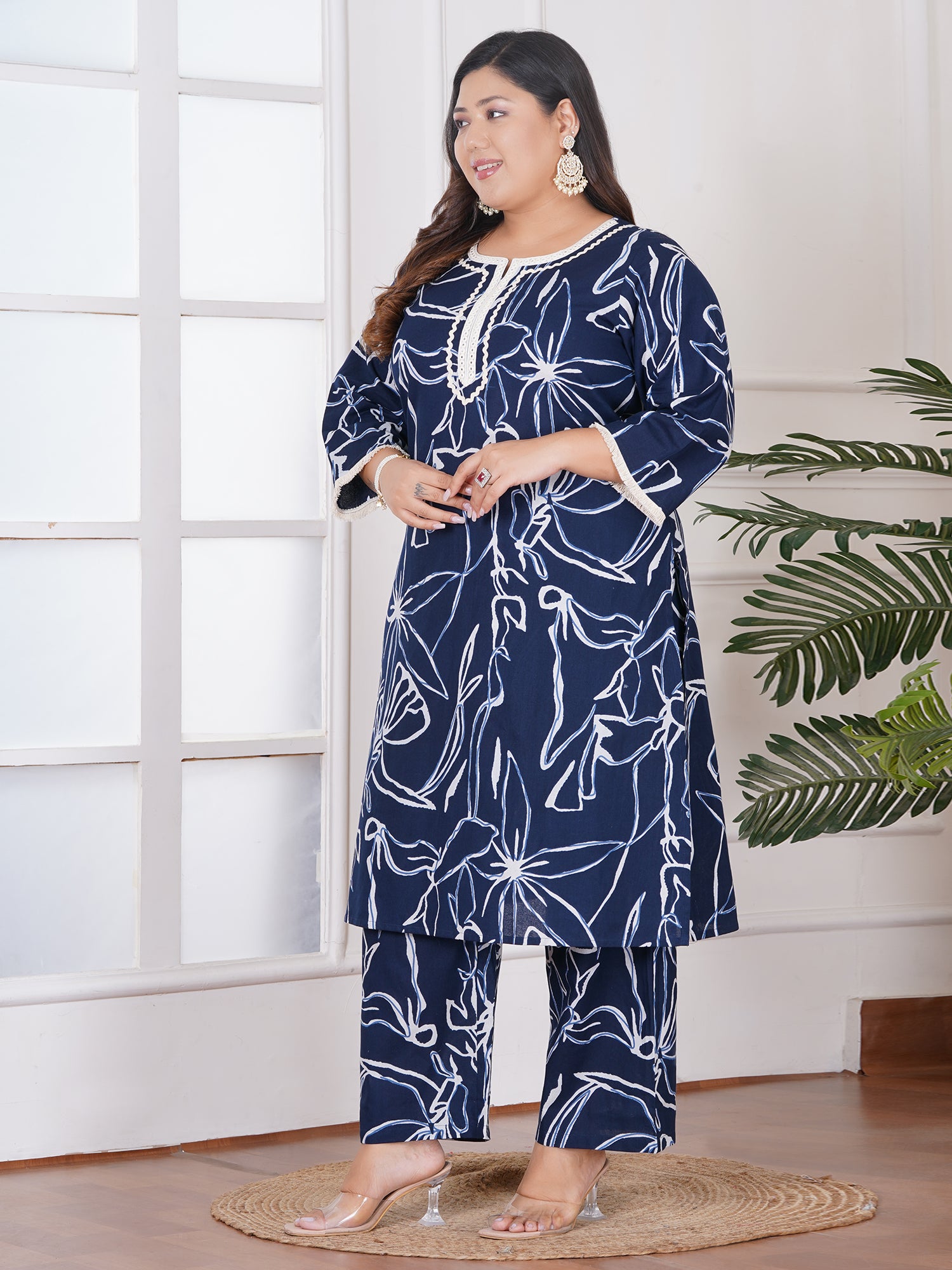 Plus Size Blue Abstract Printed Cotton Kurta & Pant Set with Lace Detailing