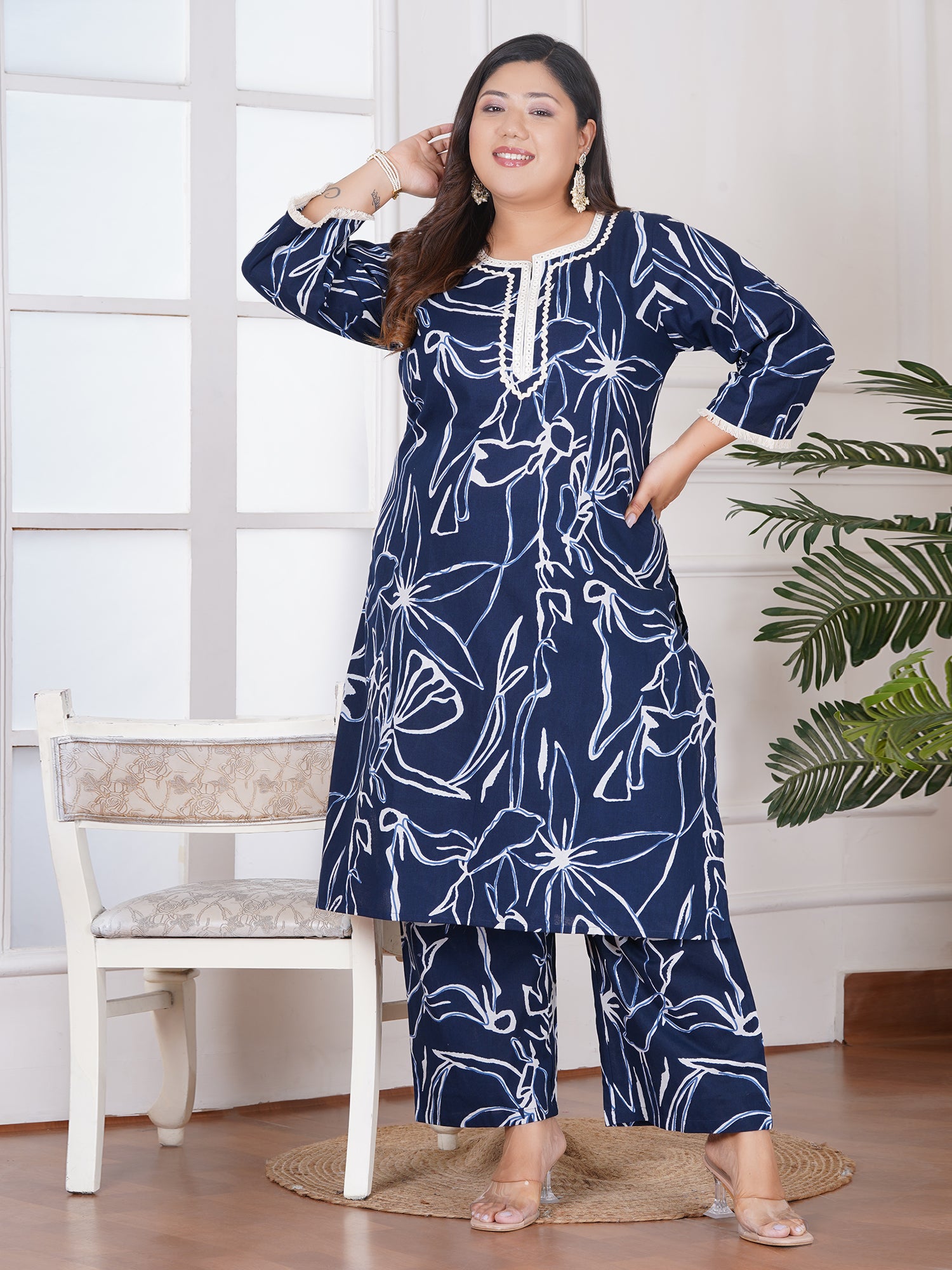 Plus Size Blue Abstract Printed Cotton Kurta & Pant Set with Lace Detailing