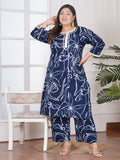 Plus Size Blue Abstract Printed Cotton Kurta & Pant Set with Lace Detailing