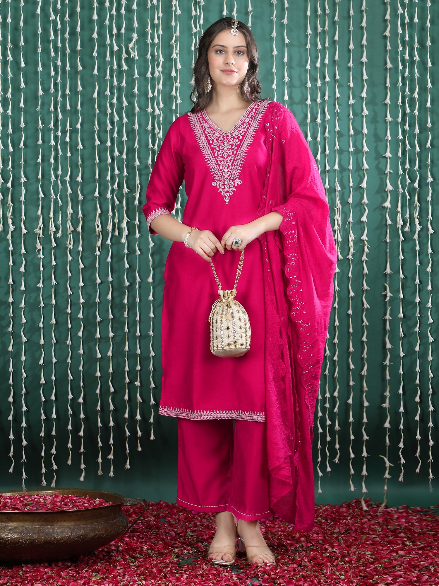 Ethnic Motifs Embroidered Straight Kurta With Palazzos & Dupatta