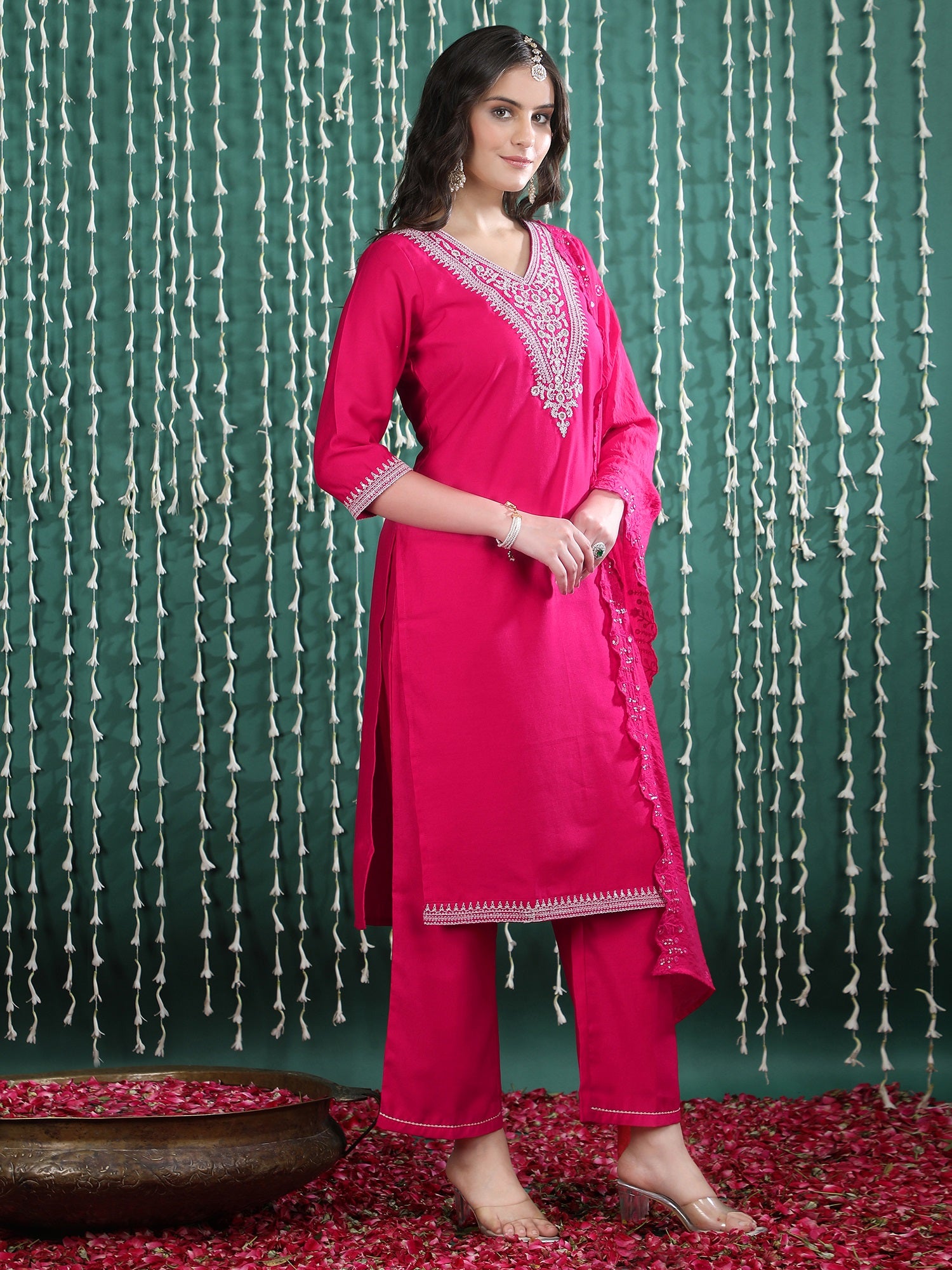 Ethnic Motifs Embroidered Straight Kurta With Palazzos & Dupatta