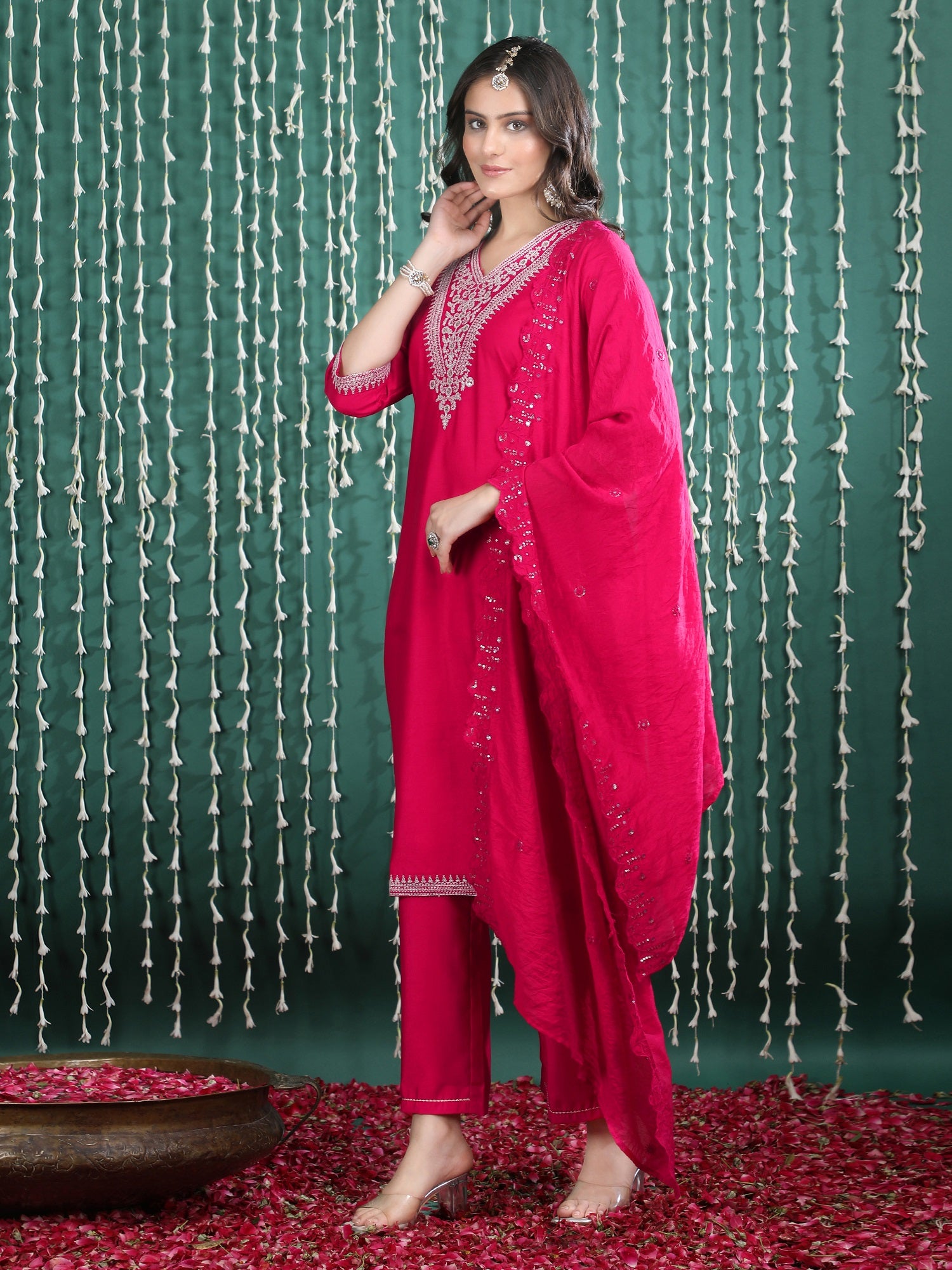 Ethnic Motifs Embroidered Straight Kurta With Palazzos & Dupatta