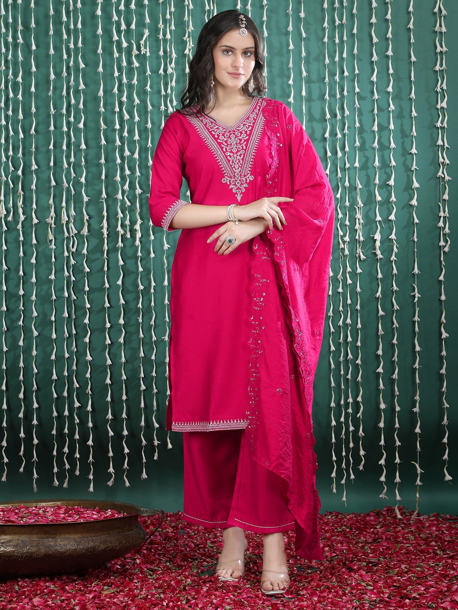 Ethnic Motifs Embroidered Straight Kurta With Palazzos & Dupatta