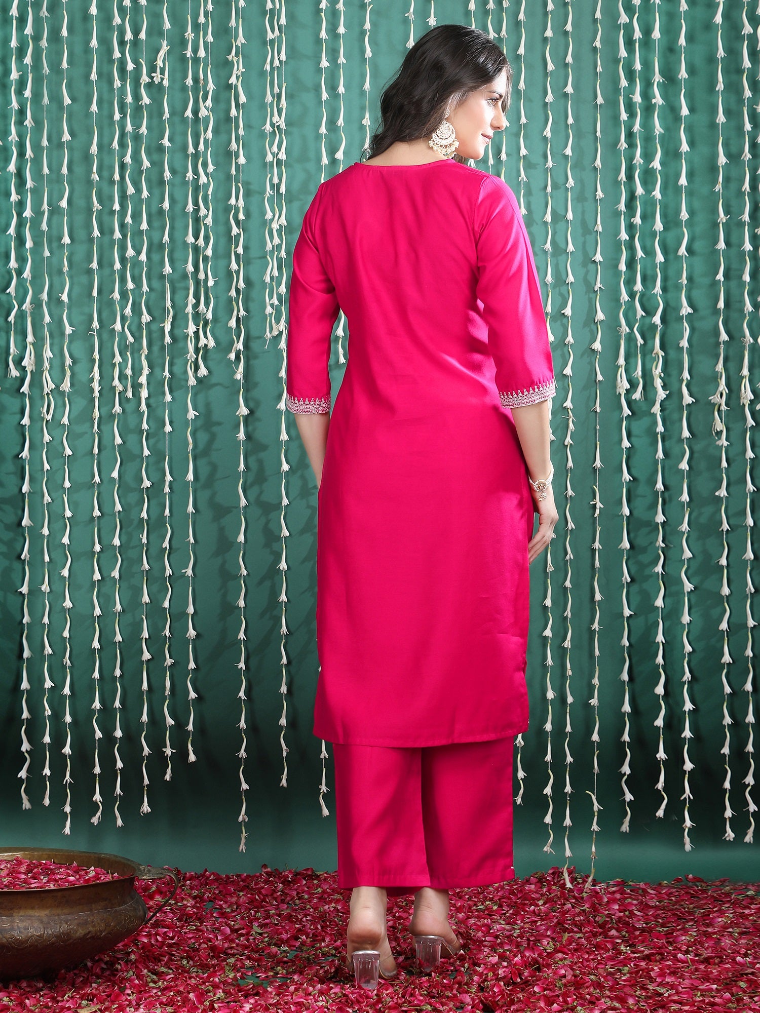 Ethnic Motifs Embroidered Straight Kurta With Palazzos & Dupatta