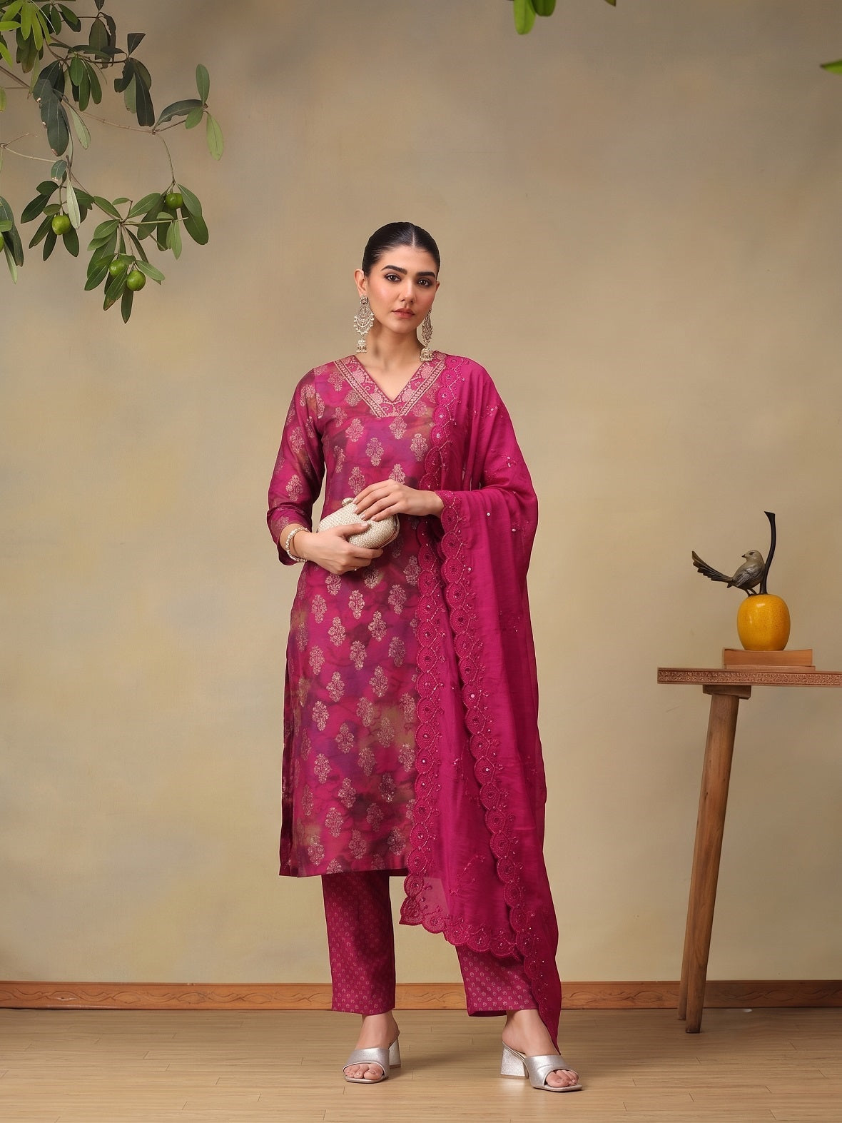 Fuchsia Pink Floral Foil Print Kurta And Pant With Dupatta