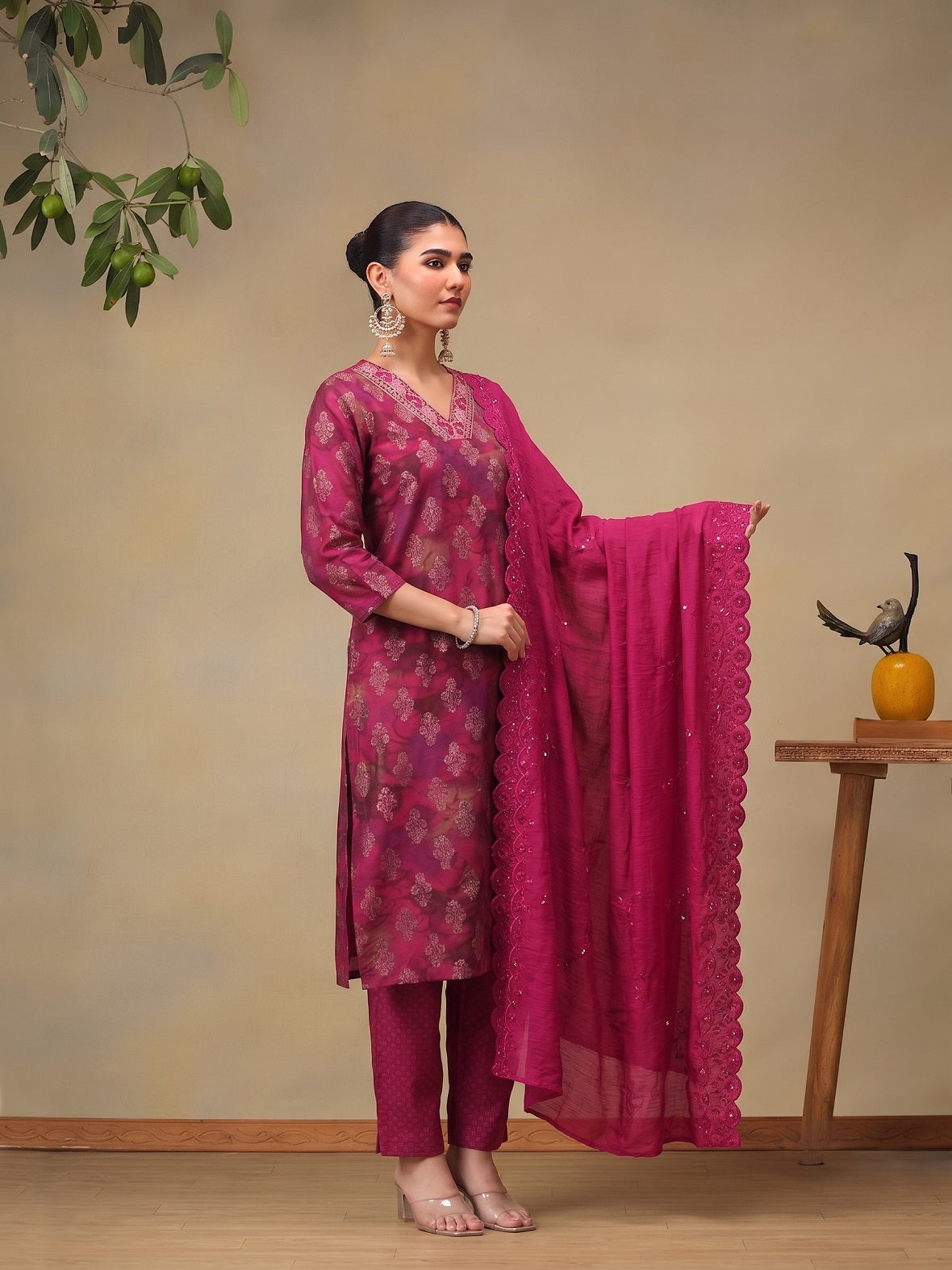 Fuchsia Pink Floral Foil Print Kurta And Pant With Dupatta