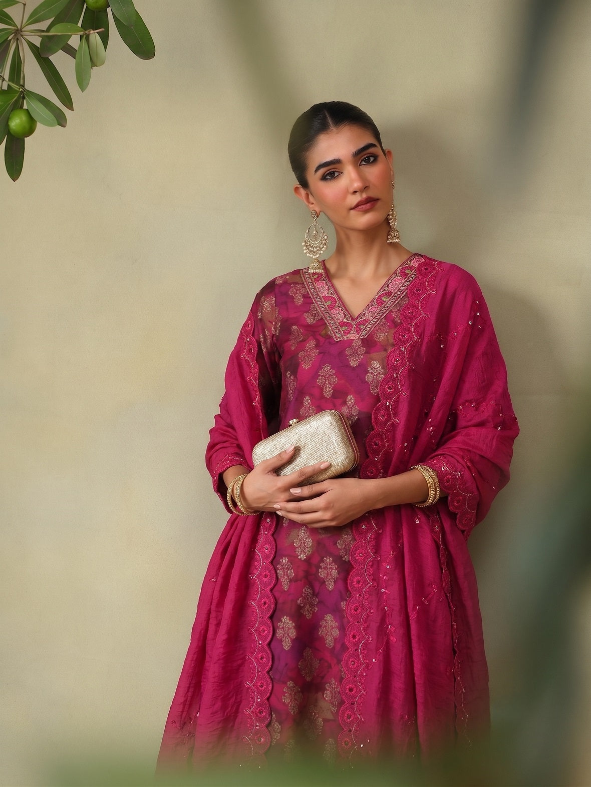 Fuchsia Pink Floral Foil Print Kurta And Pant With Dupatta