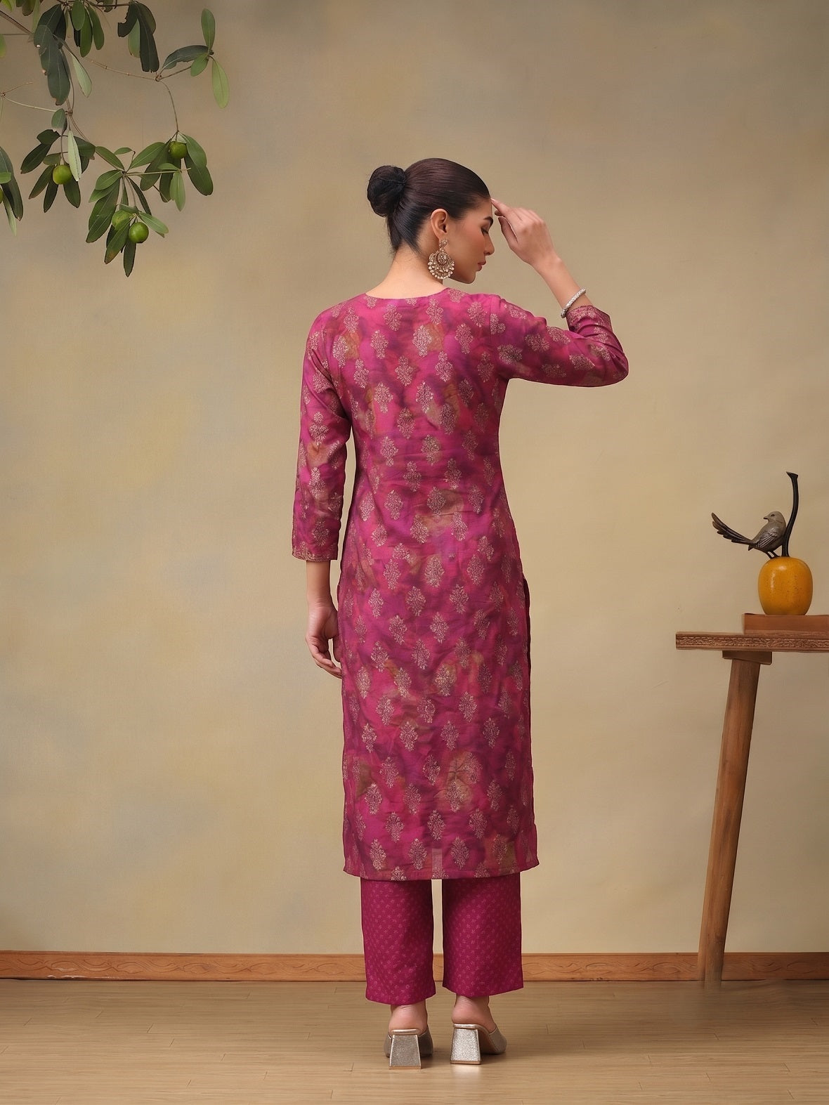 Fuchsia Pink Floral Foil Print Kurta And Pant With Dupatta