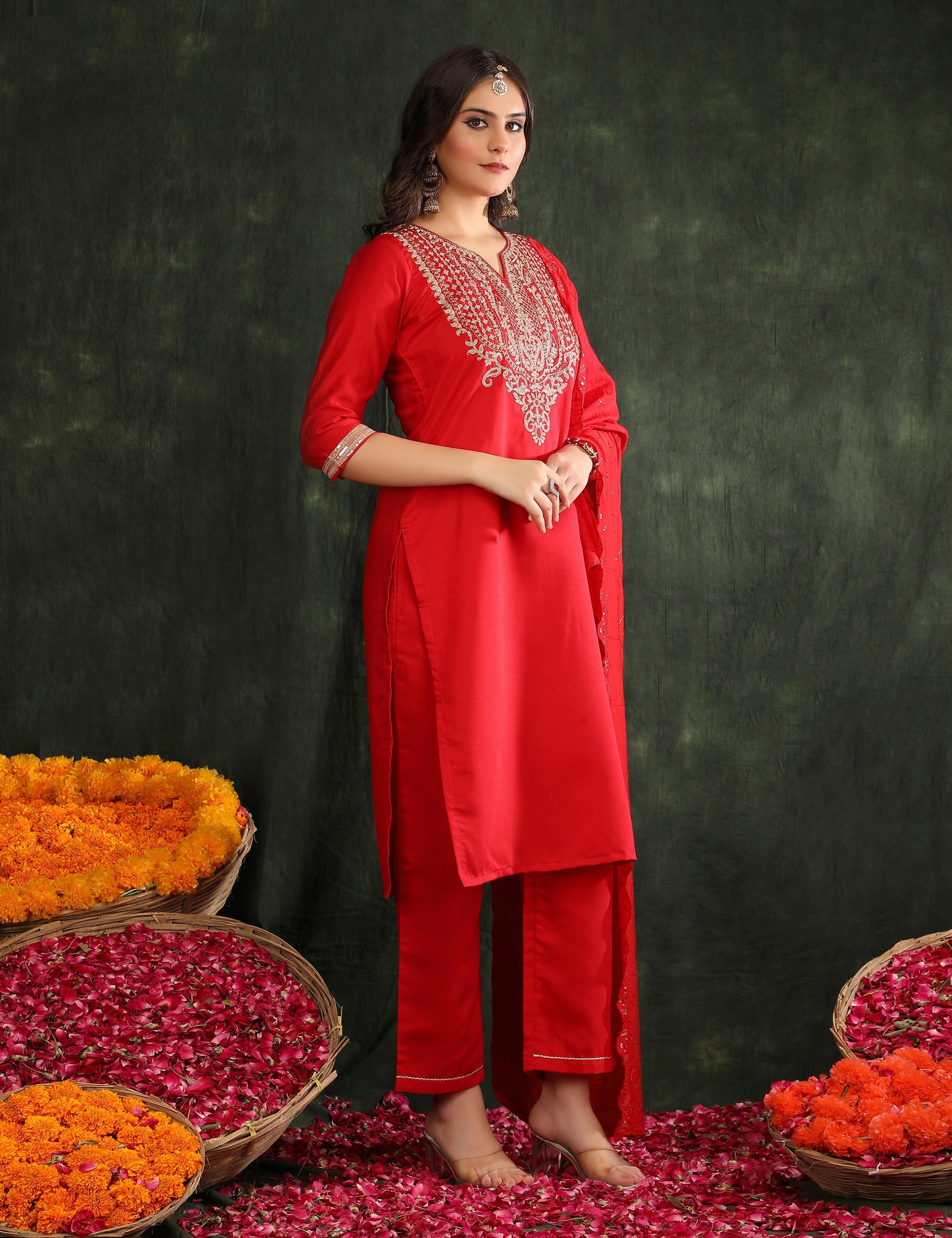 Women Ethnic Motifs Embroidered Regular Thread Work Kurta with Trousers & With Dupatta