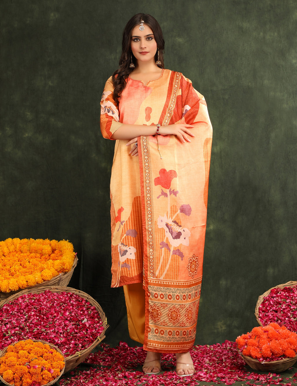 Women Yellow Floral Printed Kurta with Trousers & Dupatta Set