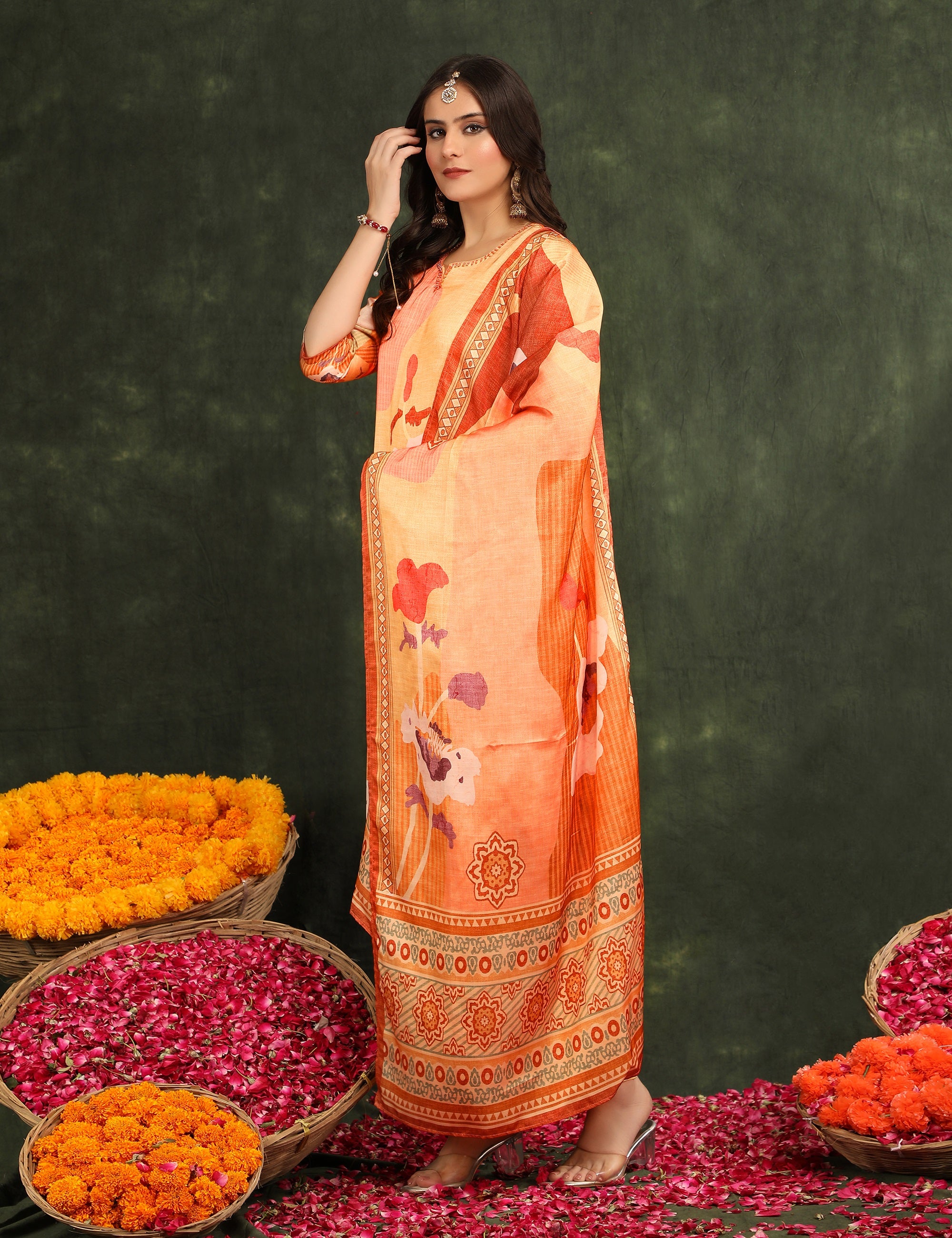 Women Floral Printed Regular Thread Work Kurta with Trousers & With Dupatta