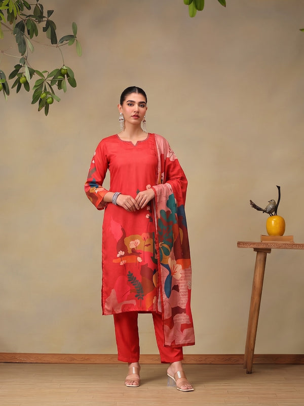Women's Red Floral Printed Kurta Dupatta Set
