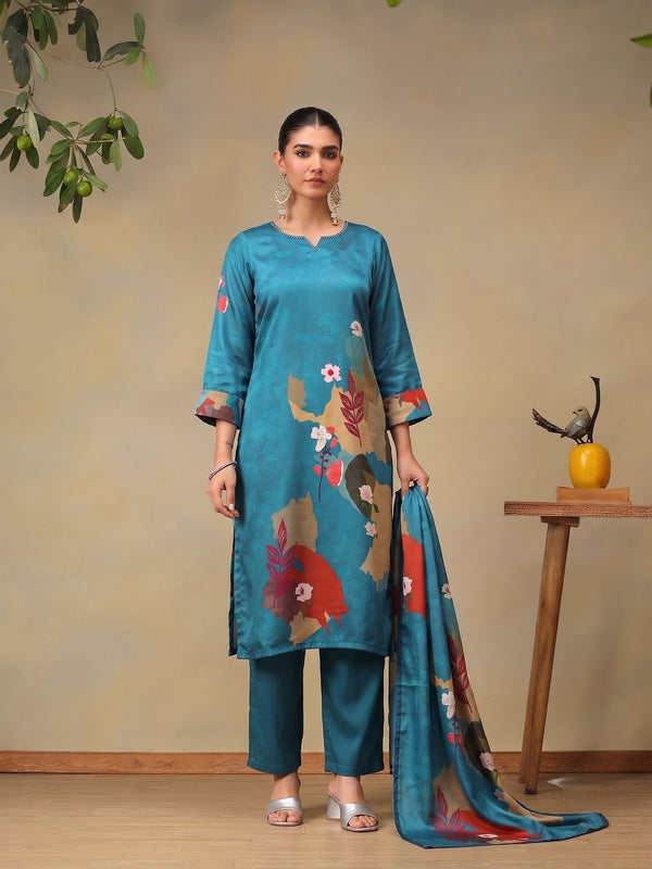 Women's Teal Floral Printed Kurta Dupatta Set