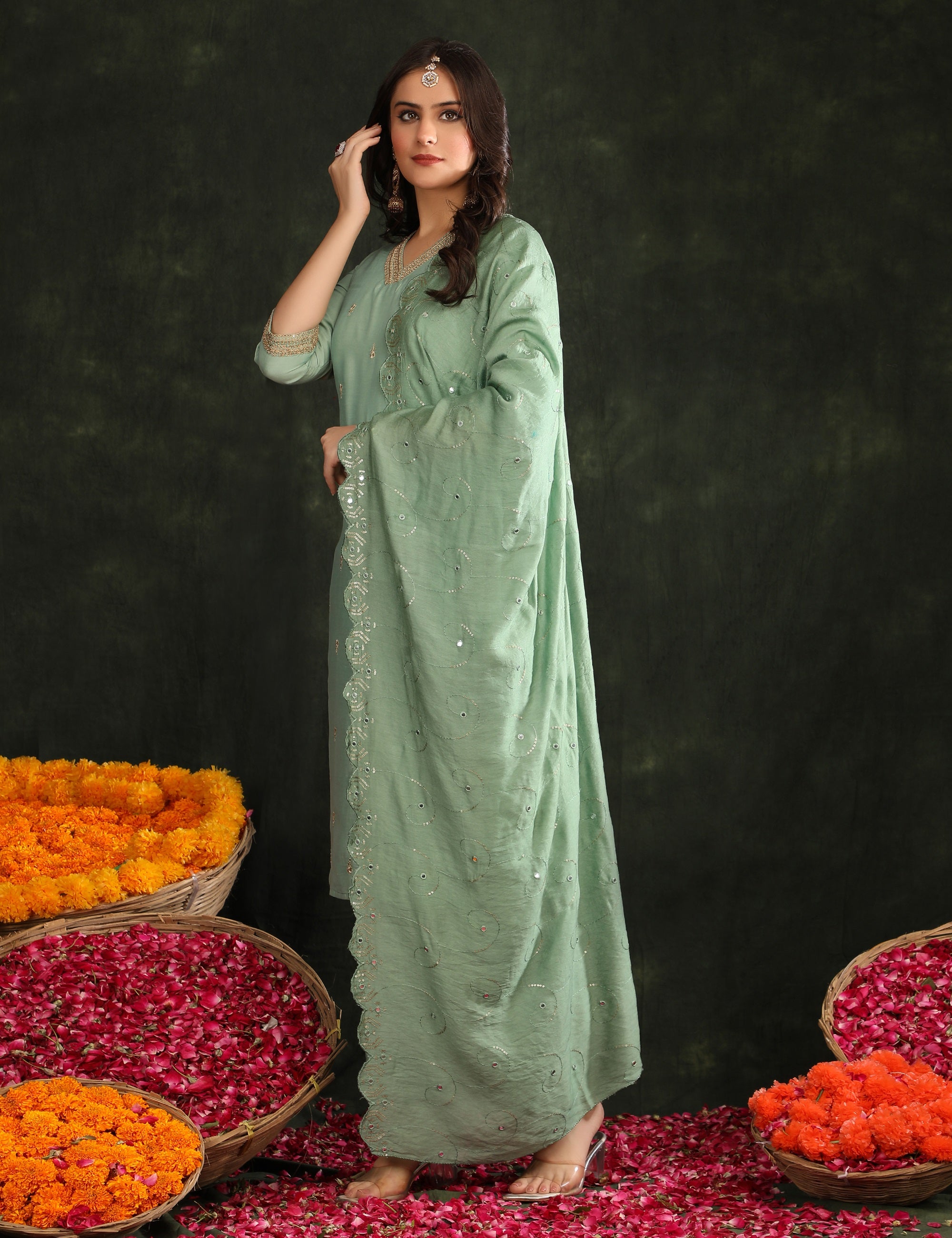 Women Ethnic Motifs Embroidered Regular Thread Work Kurta with Trousers & With Dupatta