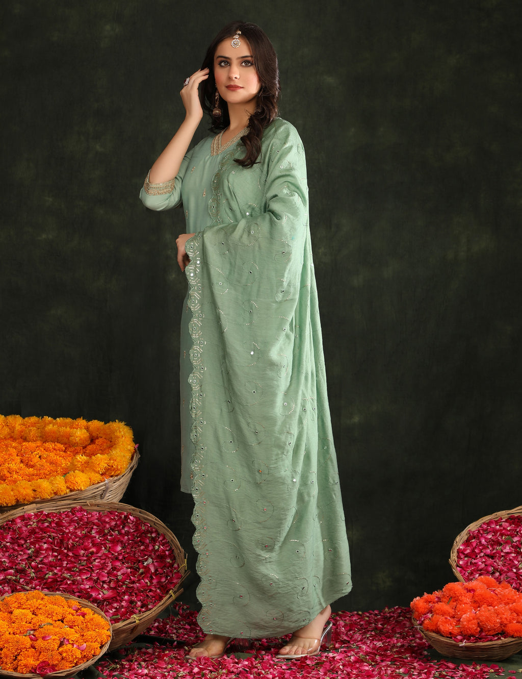 Women Ethnic Motifs Embroidered Regular Thread Work Kurta with Trousers & With Dupatta