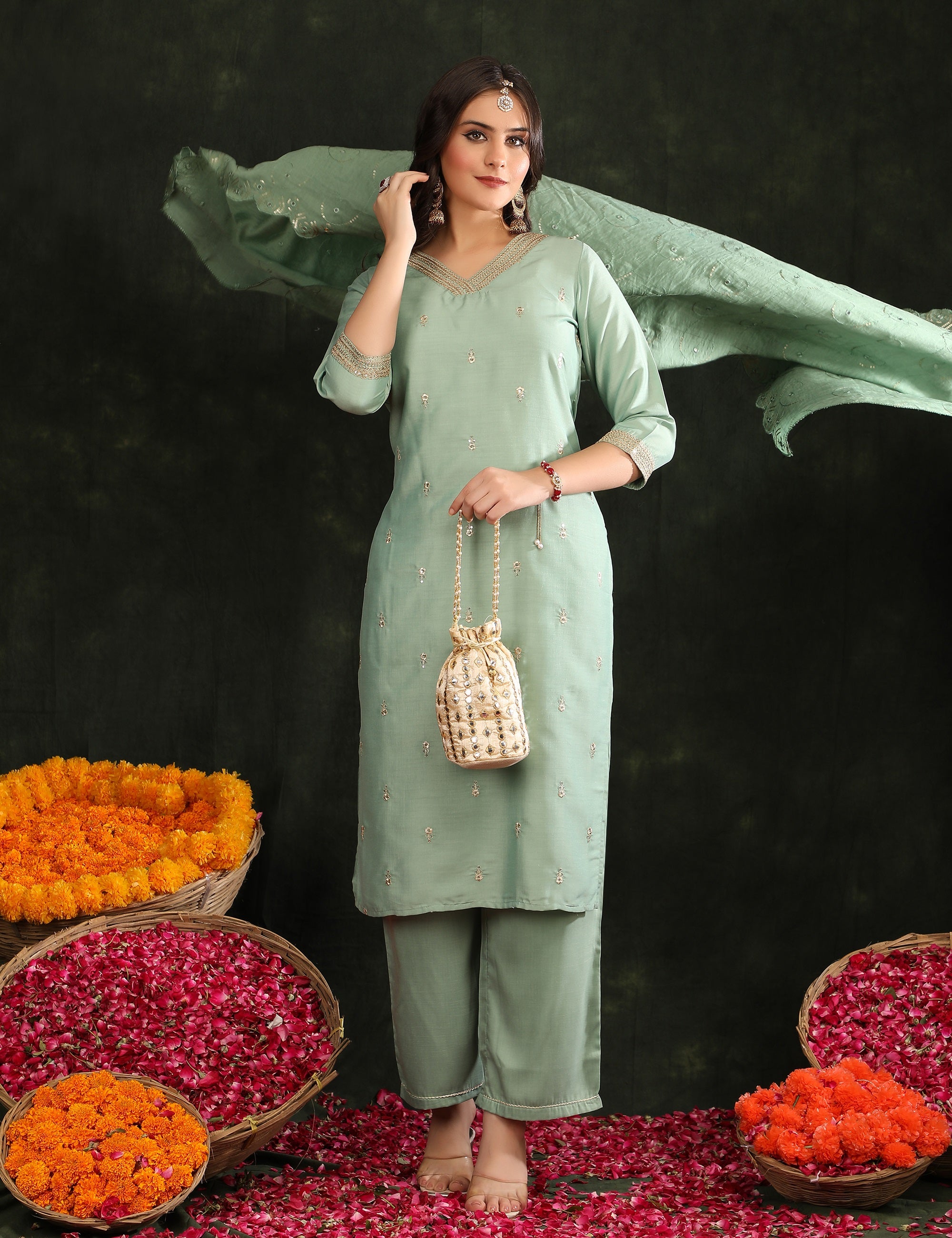 Women Ethnic Motifs Embroidered Regular Thread Work Kurta with Trousers & With Dupatta