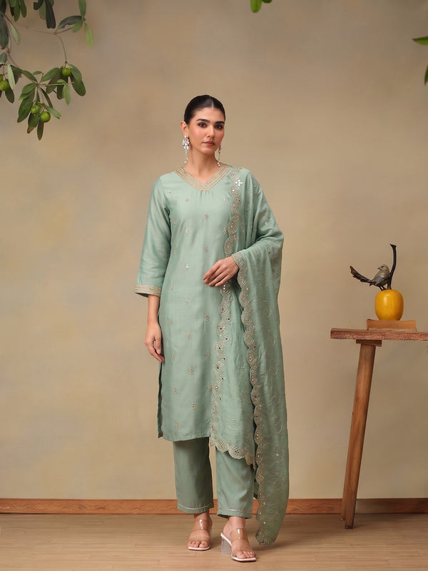 Women's Mint Green Embroidered Kurta Dupatta Set