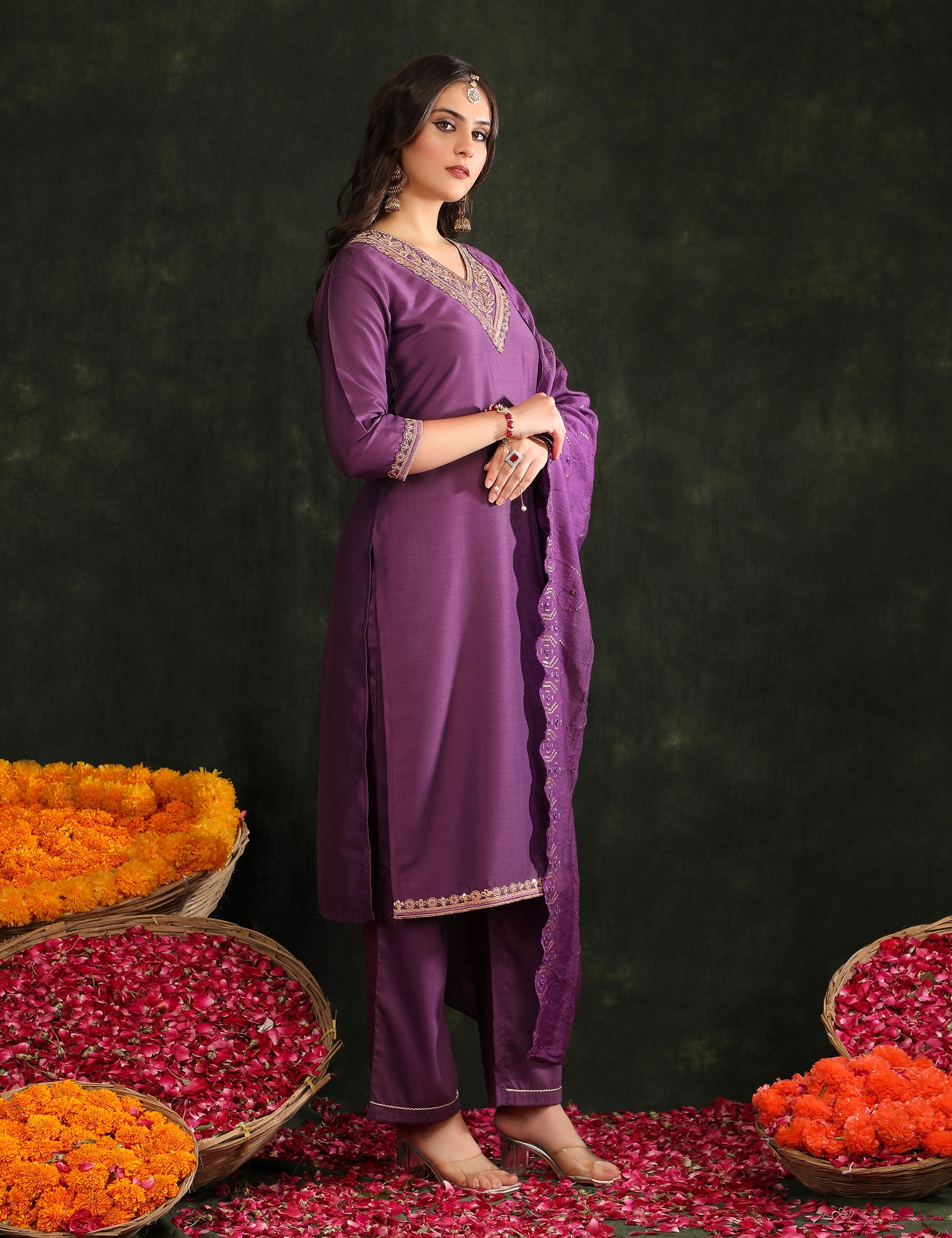 Women Ethnic Motifs Embroidered Regular Thread Work Kurta with Trousers & With Dupatta