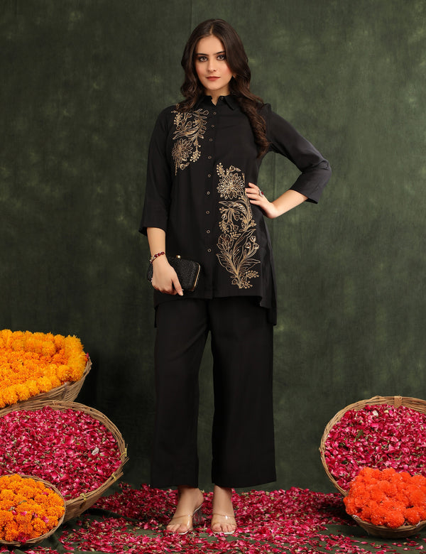 Women Black Embroidered Shirt Style Top with Trousers Co-ord Set