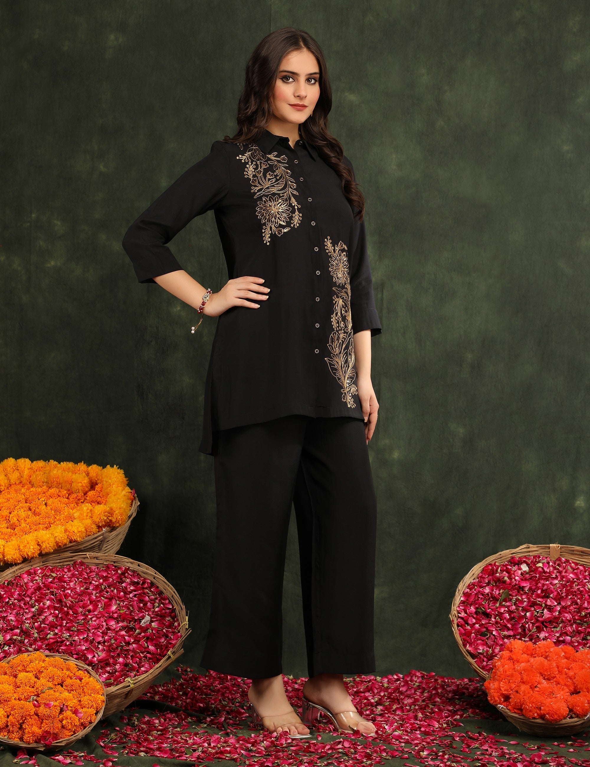 Bani Women Black & Gold Floral Embroidered Co-ord Set
