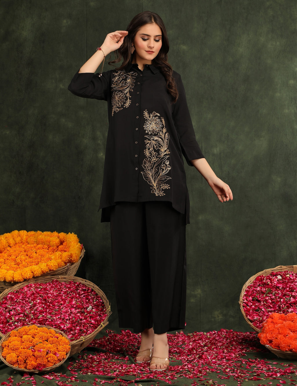 Bani Women Black & Gold Floral Embroidered Co-ord Set