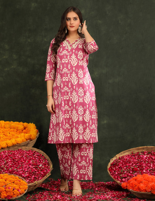 Women Pink Ikat Printed Straight Kurta with Palazzo Set
