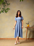 Women Solid Sky Blue A-Line Midi Casual Summer Dress