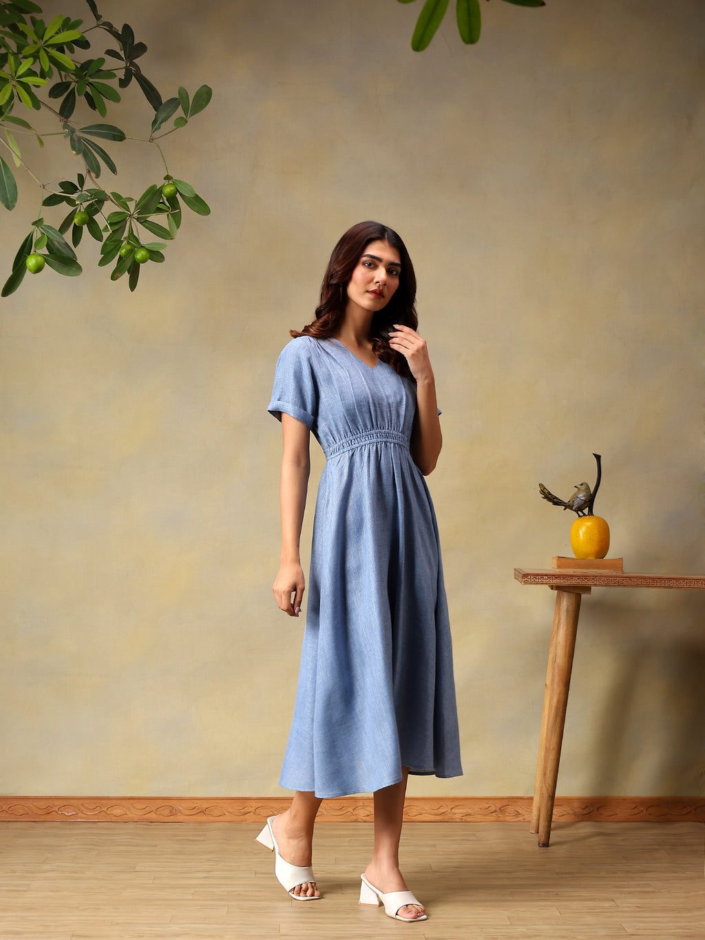 Women Solid Sky Blue A-Line Midi Casual Summer Dress