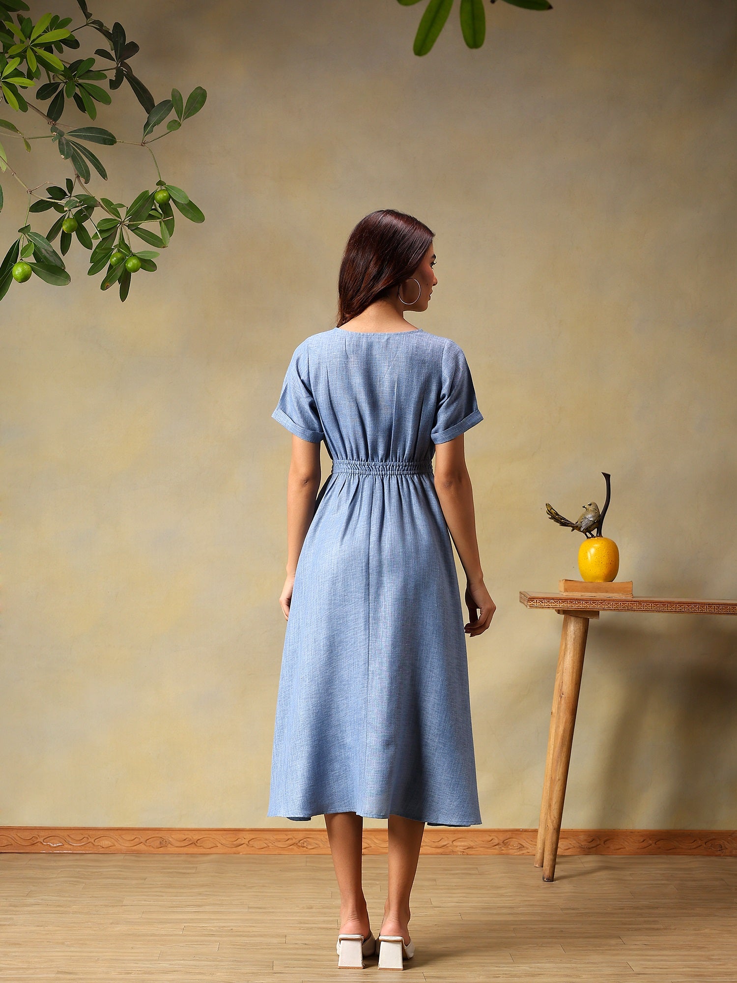 Women Solid Sky Blue A-Line Midi Casual Summer Dress