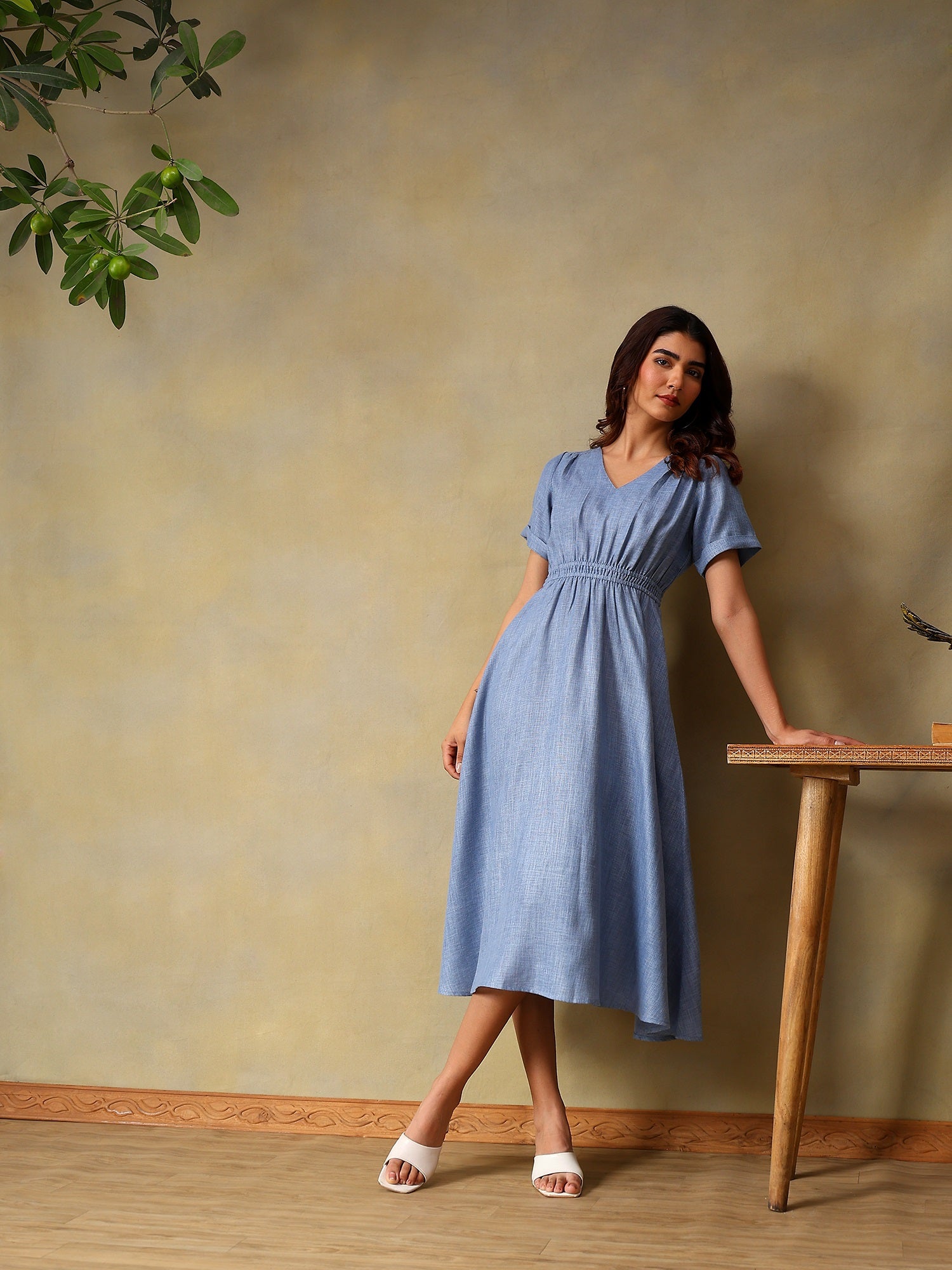 Women Solid Sky Blue A-Line Midi Casual Summer Dress