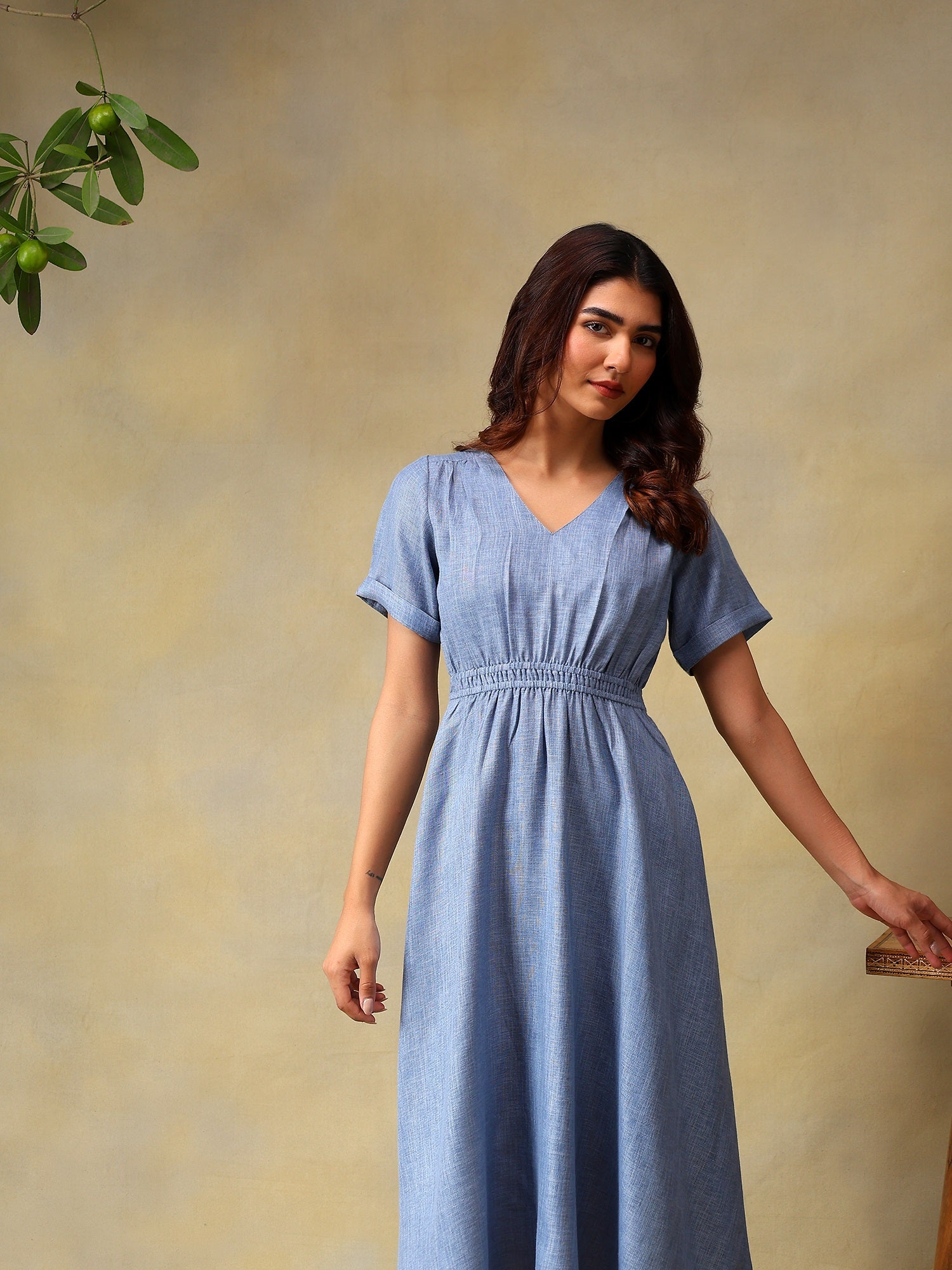 Women Solid Sky Blue A-Line Midi Casual Summer Dress