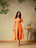 Women Solid Coral A-Line Midi Casual Summer Dress