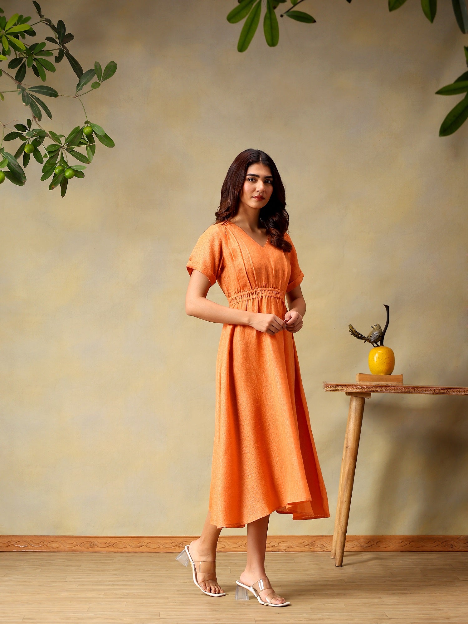 Women Solid Coral A-Line Midi Casual Summer Dress