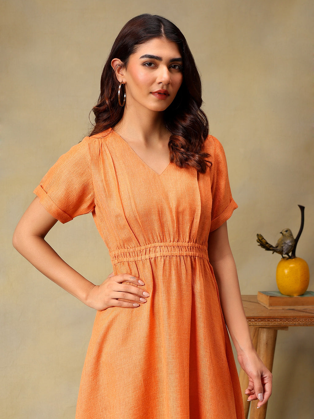 Women Solid Coral A-Line Midi Casual Summer Dress