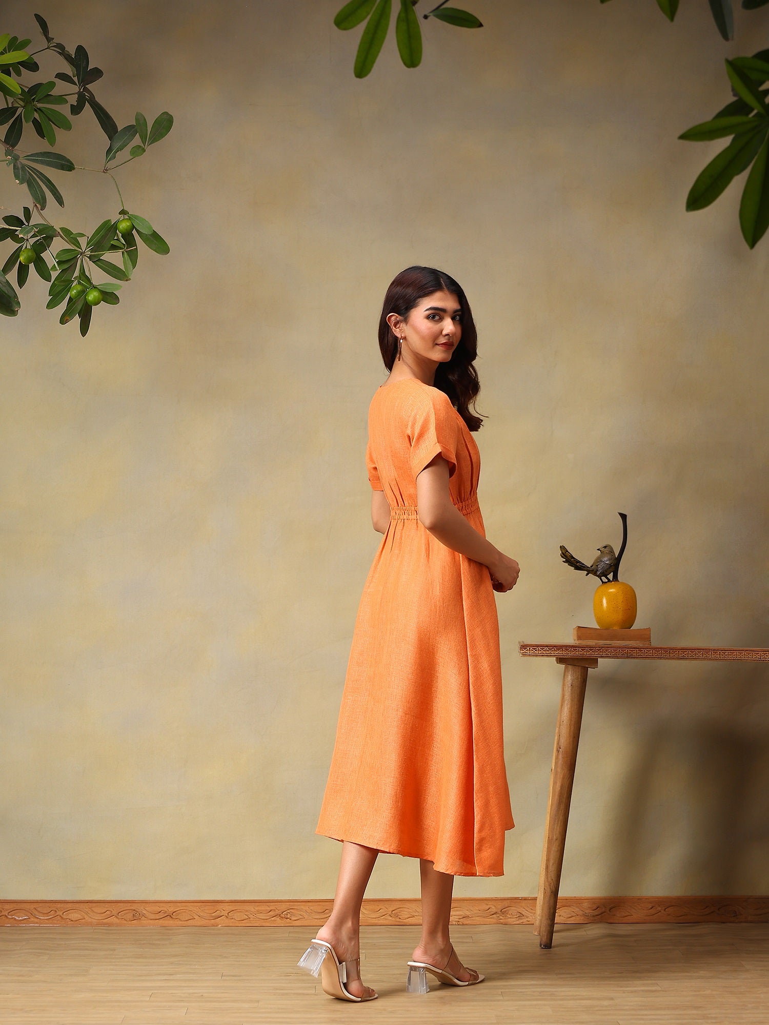 Women Solid Coral A-Line Midi Casual Summer Dress