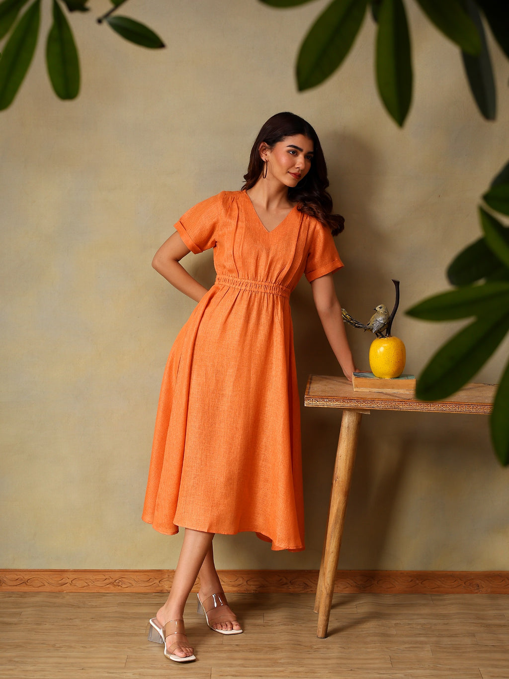 Women Solid Coral A-Line Midi Casual Summer Dress